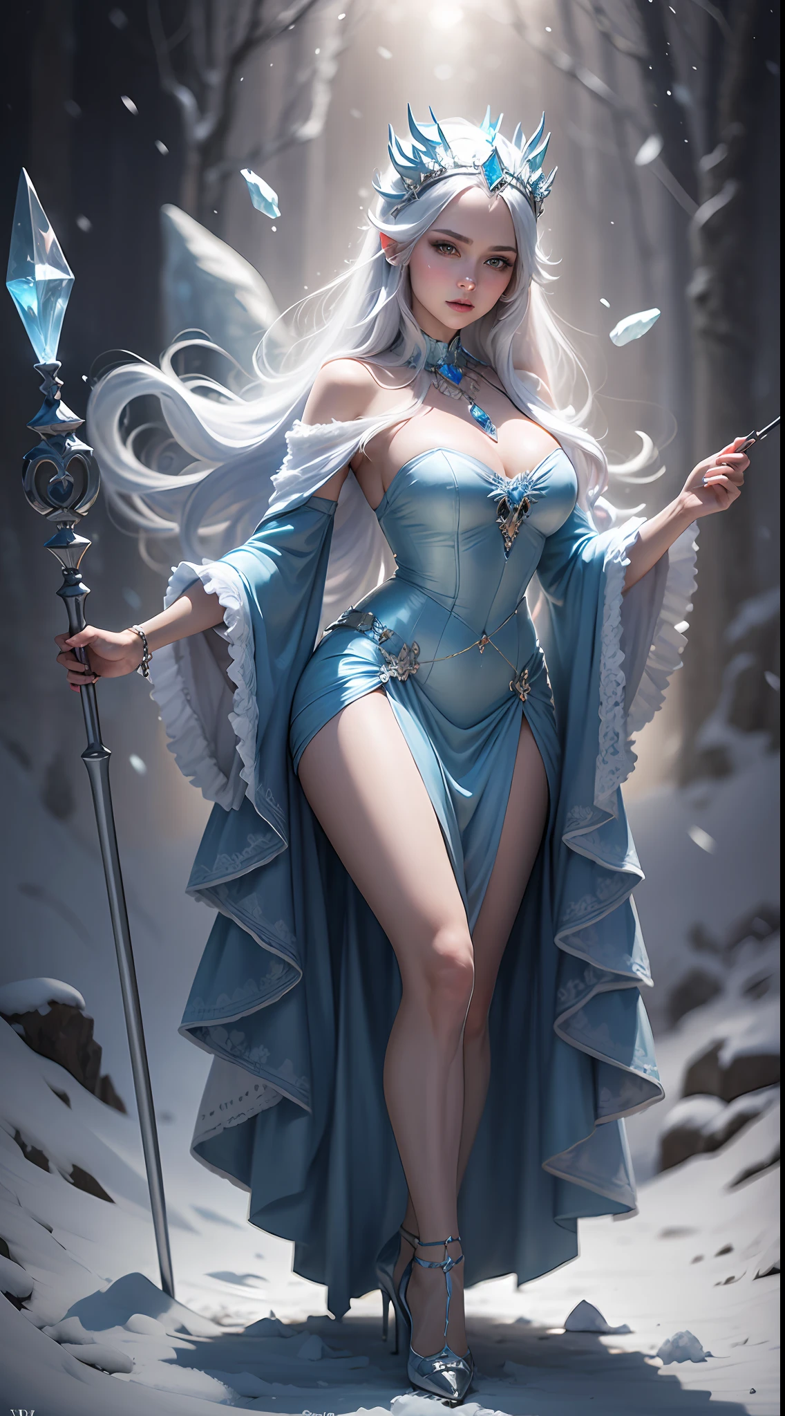 Snow Queen, Ice Blue Dress, Long Hair, Ice Headgear, Ice Crystal Necklace, Ice Wand, High Heels, Icy Eyes, Breath of the Ice Queen, Top Shot, Loose Hair, Master Works, Best Picture Quality, More Detail, Ultra High Resolution, Mood Lighting, Soft Light, Ambient Lighting, Pixiv Trend, Best Image Quality, More Detail, Ultra High Resolution, Ambient Lighting, --auto --s2
