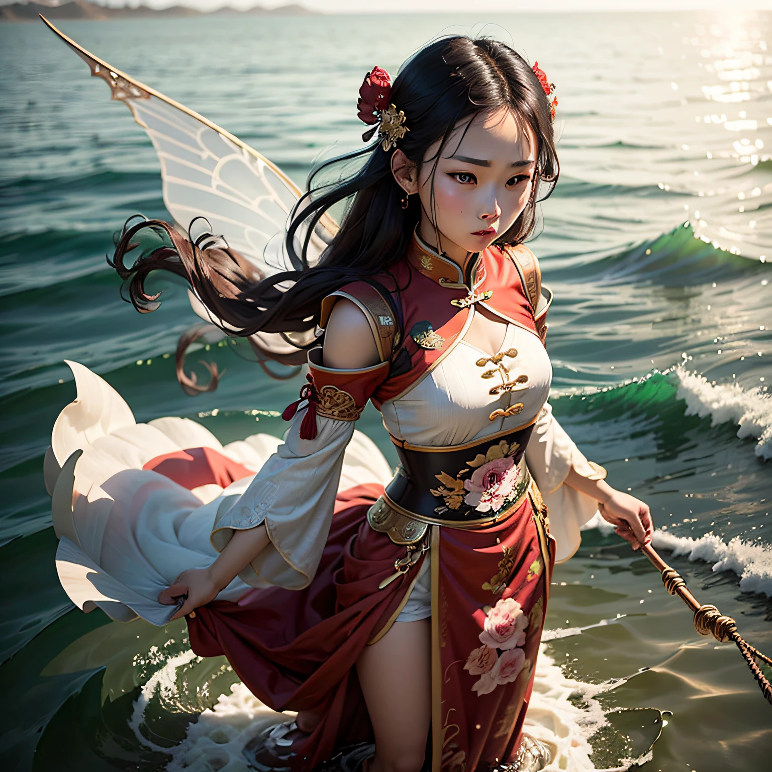 There is a girl wearing Chinese Tang Dynasty clothes standing on the sea, realistic anime style, cute and beautiful young boy, a long skirt fluttering, as if she is a fairy. --auto