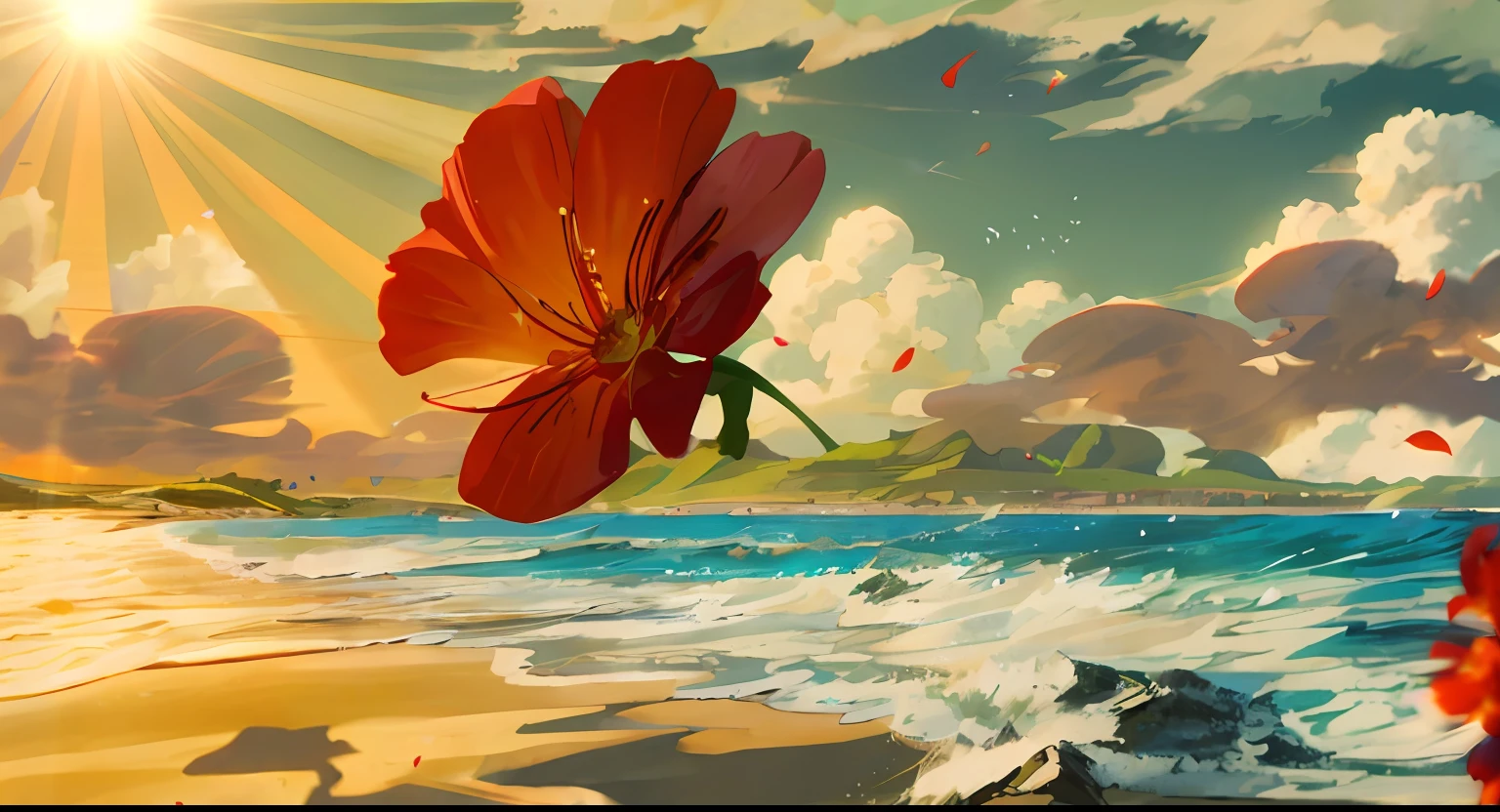 Red flowers, fluttering in the wind, sea, sand, clouds, coast, sun