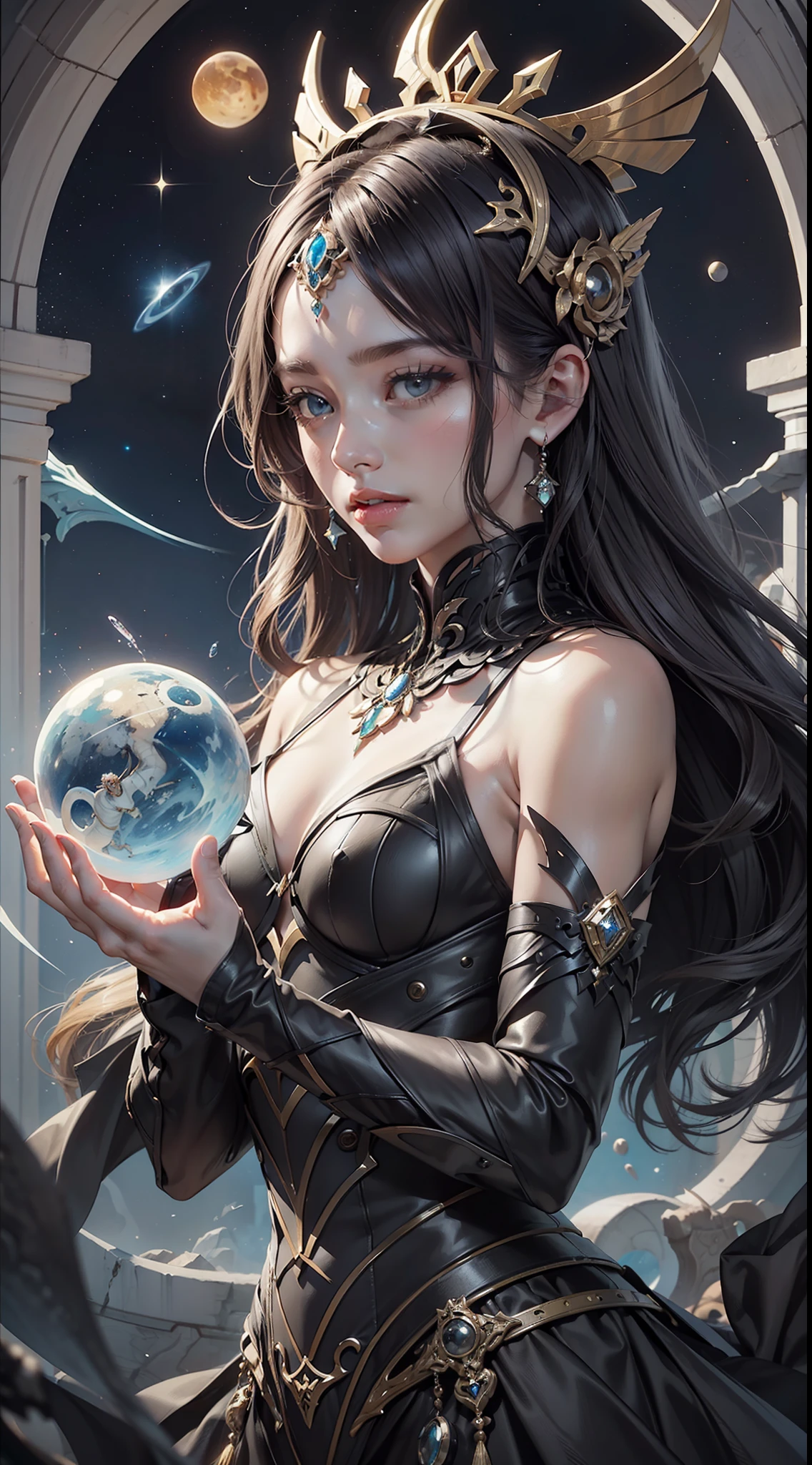 (very detailed wallpaper 8k), middle plan, (Drug style), (acid very bright colors), girl goddess of the abyss. The goddess is as beautiful as the night sky. Airy obsidian hair is scattered in depth. Splashes of stars shine on the face with the destruction of facial features and skeleton. The planets surround the head of the skeleton with a halo. He wears a majestic obsidian dress. In her hands, she holds a magic sphere. Detailed art, cartoon, old school, watercolor, top art station, fantasy, intricate, elegant, highly detailed, digital painting, art station, concept art, matte, clear focus, illustration. Very higаh resolution, masterpiece intricate, high detail, dramatic