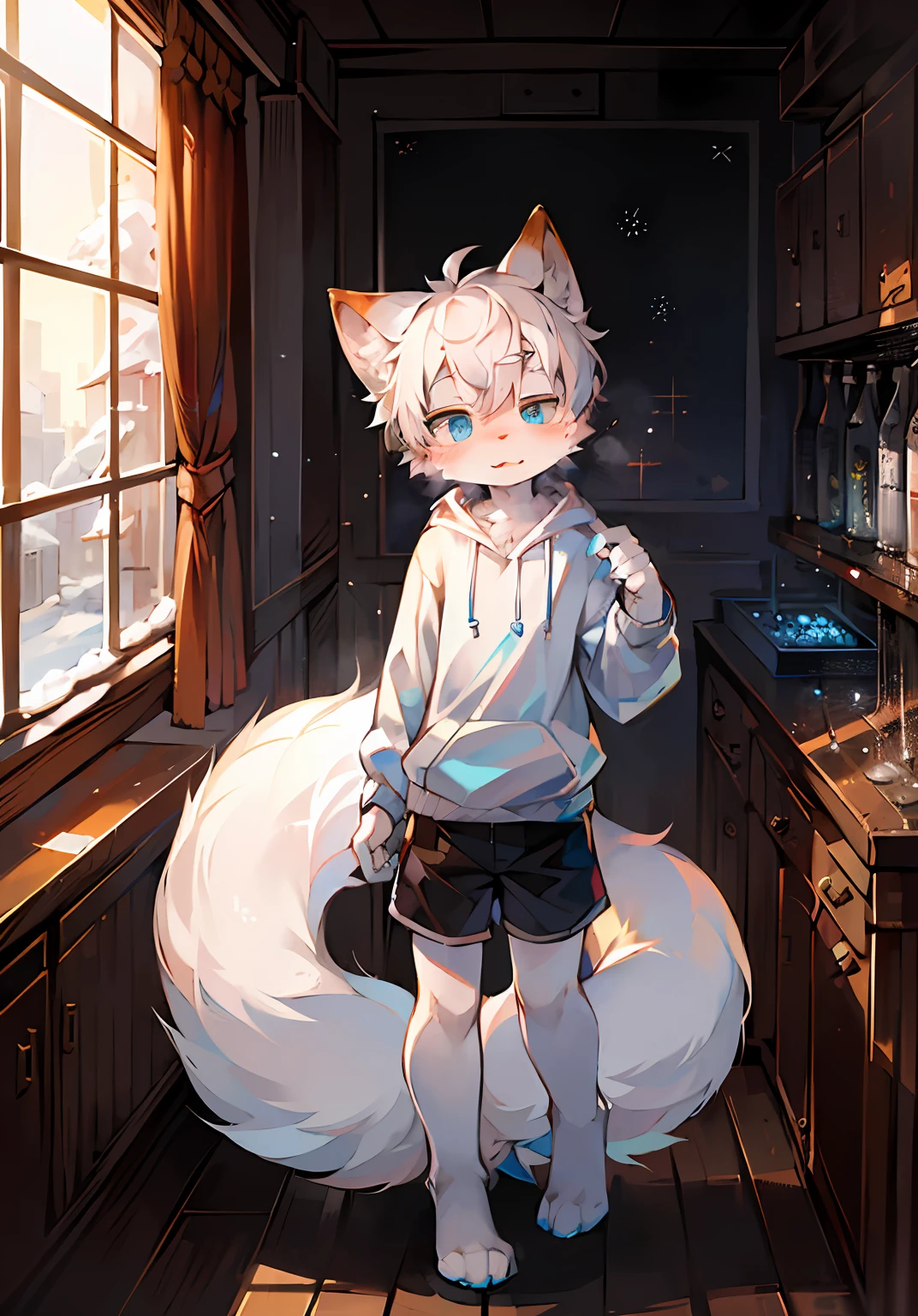 (Bright Environment: 0.8), Masterpiece, High Quality, Abstract Res, Digital Painting\(Artwork\), by Dagasi, Yupa, Kiyosan, (Anthro, Fluffy Fur, Character Focus: 1.1), Anthro Male Cat, Short Hair, Portrait , bright eyes, panorama, character focus. (Detailed background: 0.7), Solo, Furry, Furry Male, Shota, Antr, (Full body fur, Fluffy tail, White fur, Blue pupil of left eye, White hair: 1.2), (Long canid, Snow fox, Scientist, Drug researcher, White sweatshirt, Black shorts: 1.2), (Interior, Daylight, Laboratory, Weapons Research: 1.1)
