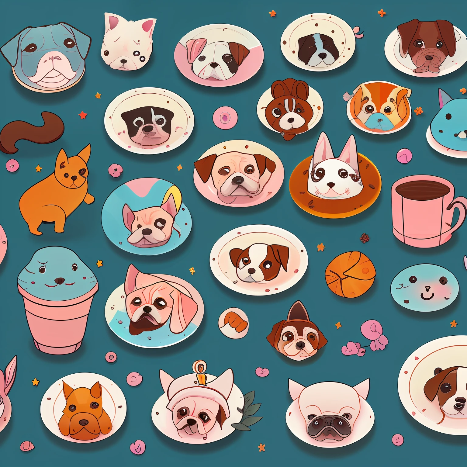 There are a lot of different colors of dogs with pencils on the plate, cute detailed digital art, cute detail artwork, cute pictograms, cute digital art, cute digital painting, cute color cute, inspired by Chai Mansion, mobile game art, colorful dogs, cute faces, cute creatures, inspired by Murakami, cute characters --auto