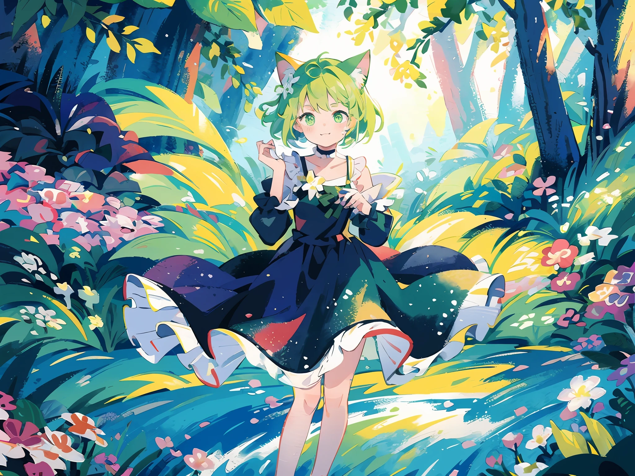 (highest quality), (masterpiece: 1.2), (colorful: 0.9), (ink splash)), (color splashing), (watercolor)))), clear focus, model shot, full body,
(Summer Portrait Goddess: 1.5), cute look, cat ears, elegant green hair, beautiful detailed face and eyes, elegant goddess clothes, ((summer forest background)),
Colored Water, Forest