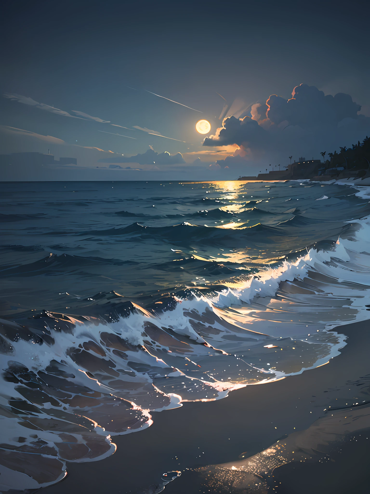 Nice beach at night with a big full moon that reflects off the very rough water. Digital painting, artstation, concept art, soft focus, sharp, illustration. Photorealism --auto --s2