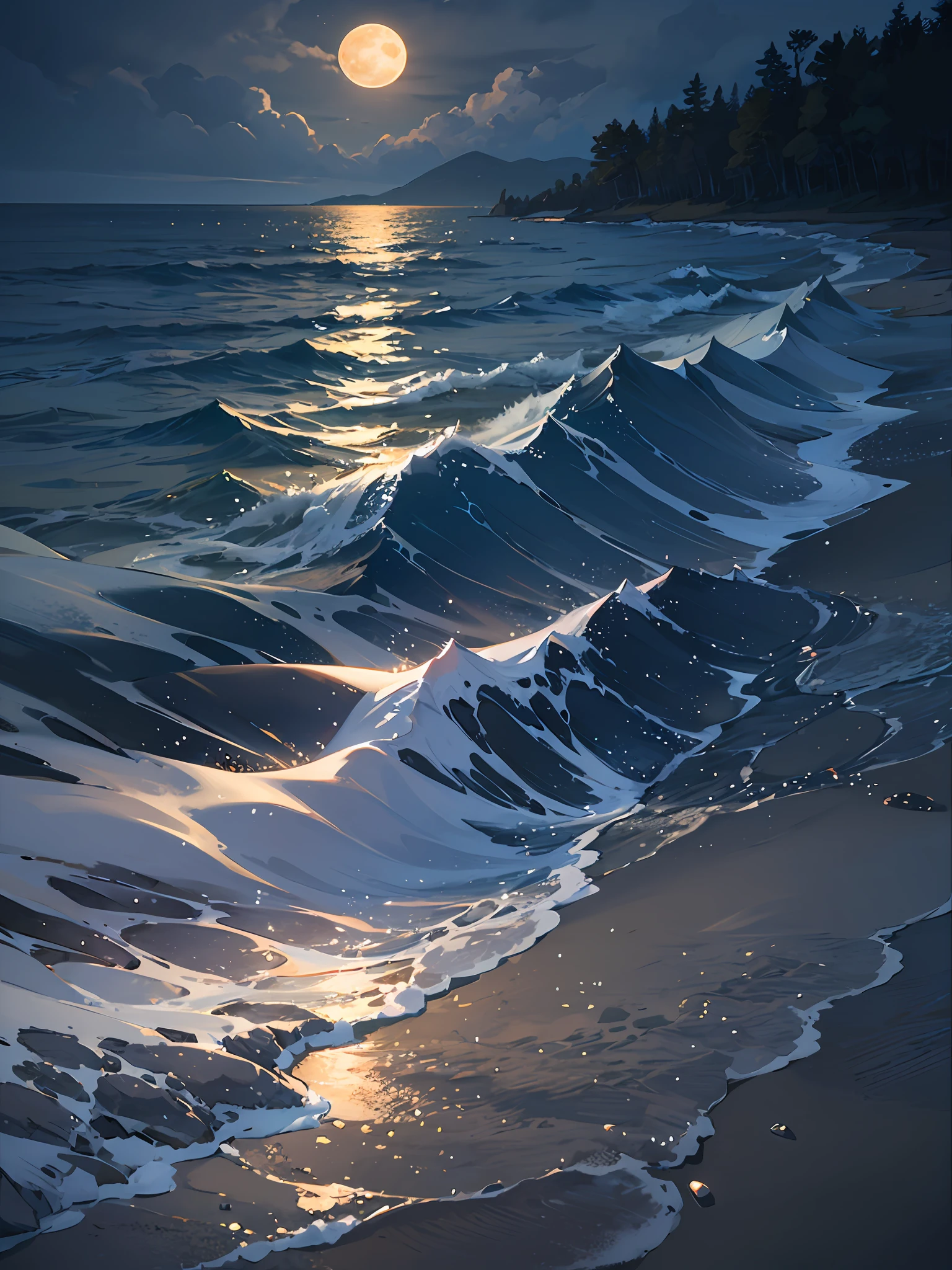 Nice beach at night with a big full moon that reflects off the very rough water. Digital painting, artstation, concept art, soft focus, sharp, illustration. Photorealism --auto --s2