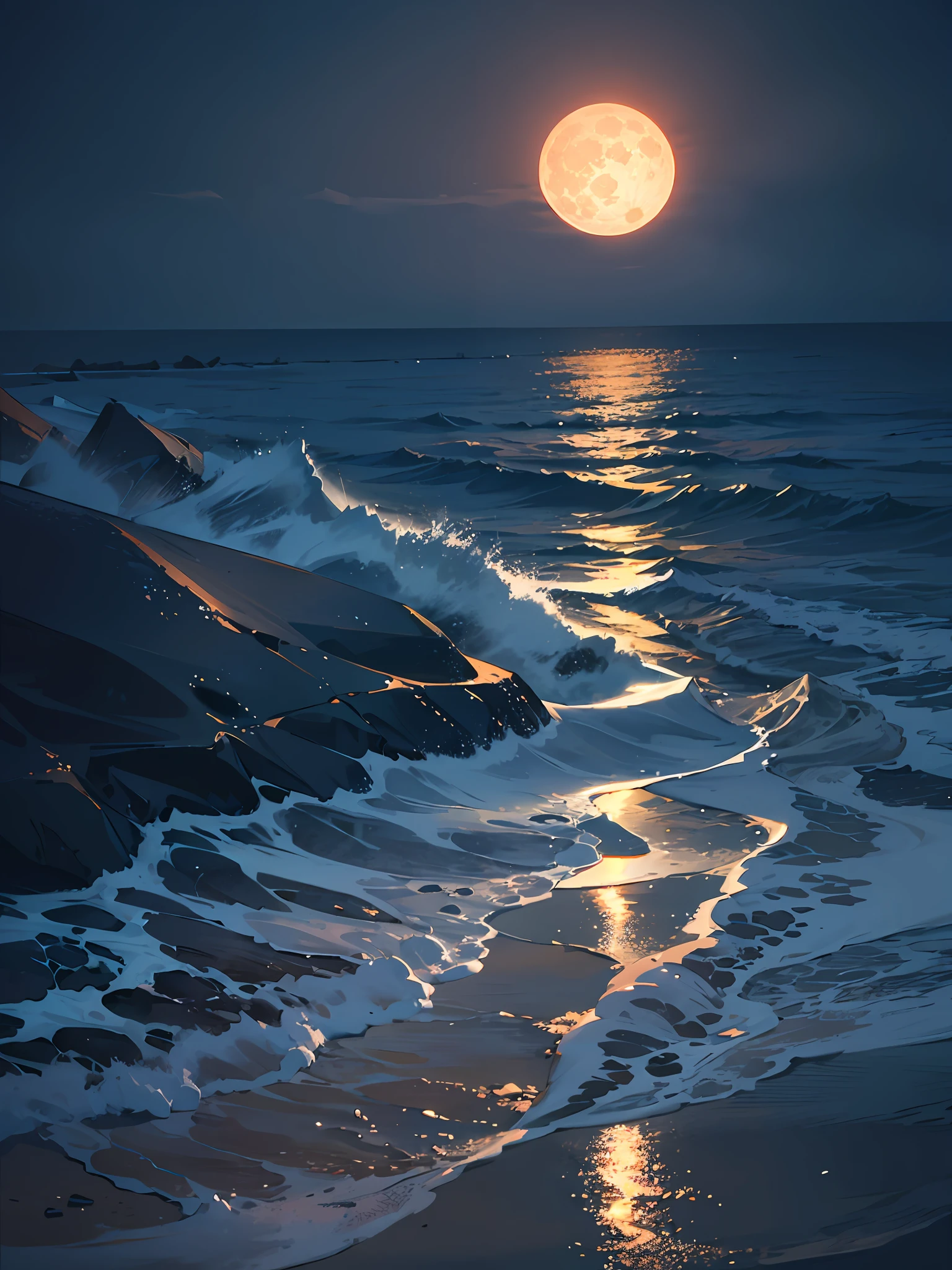 Nice beach at night with a big full moon that reflects off the very rough water. Digital painting, artstation, concept art, soft focus, sharp, illustration. Photorealism --auto --s2