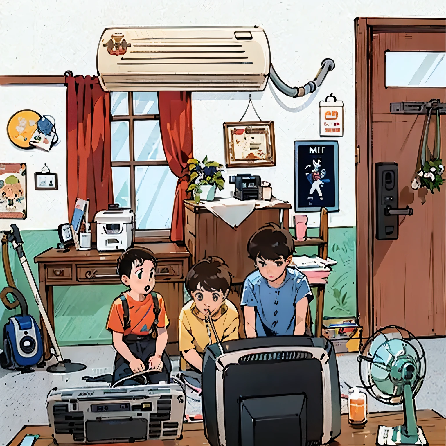 there are three  sitting at a table in front of a computer, point-and-click adventure game, lo-fi illustration style, fan art, mike judge art style, lo-fi retro videogame, official artwork, lofi technology, old internet art, style of madhouse studio anime, in a living room, nostalgic atmosphere, lofi art