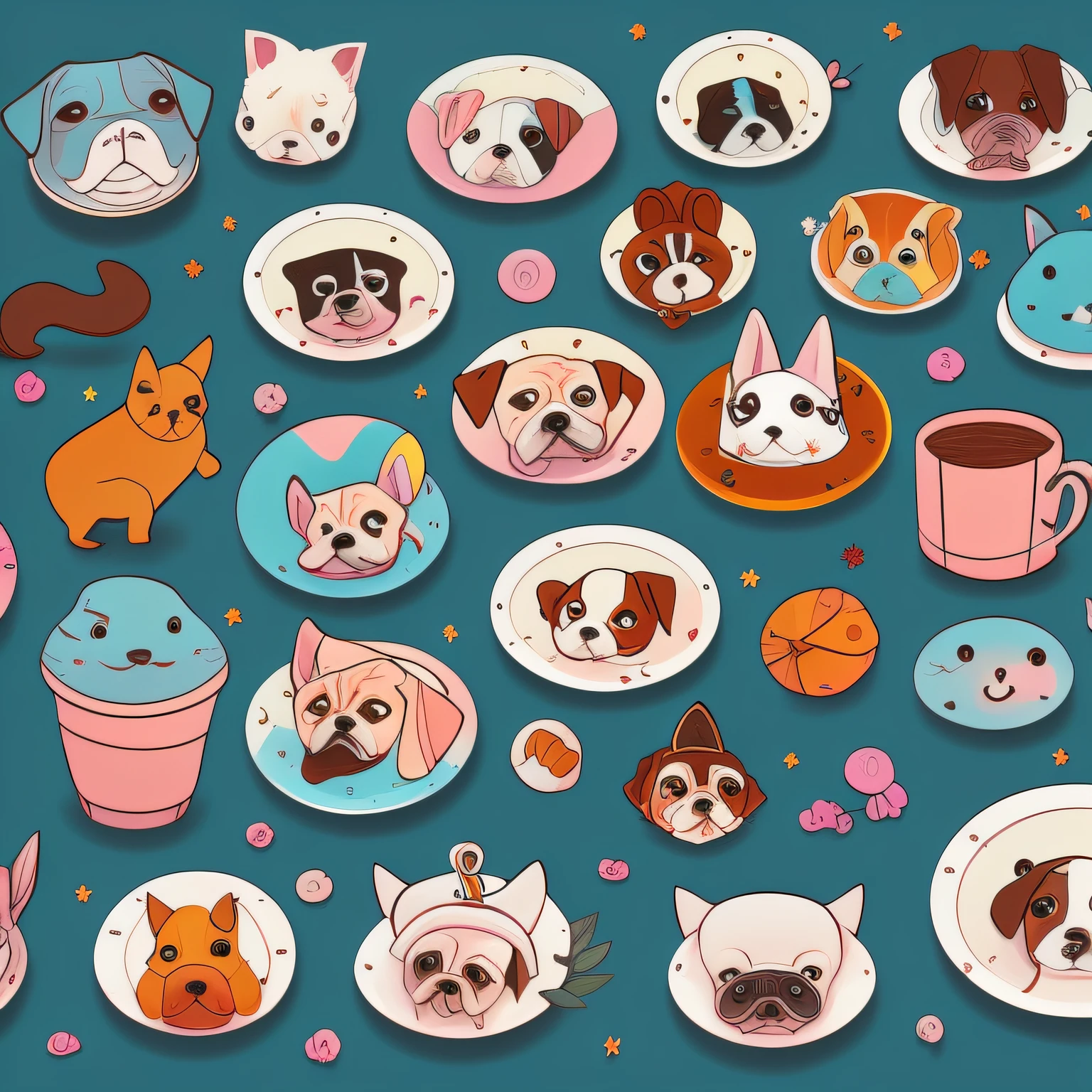 There are a lot of different colors of dogs with pencils on the plate, cute detailed digital art, cute detail artwork, cute pictograms, cute digital art, cute digital painting, cute color cute, inspired by Chai Mansion, mobile game art, colorful dogs, cute faces, cute creatures, inspired by Murakami, cute characters --auto
