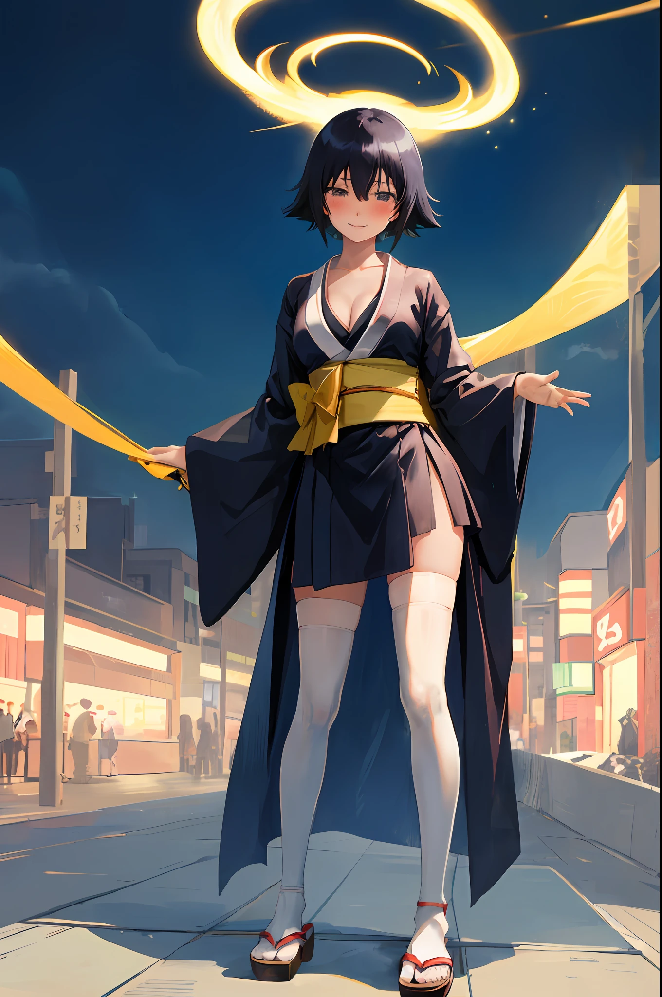 Soifon, bleach anime, 1girl, solo, cute kimono, wooden sandals, black thighhighs, medium breast, cleavage, japan akihabara, night view, hair between eyes, (soifon original hair), looking at viewer, black hair, solo, thighhighs, thighs, ((masterpiece)), standing, sexy pose, blush, shy, smile,