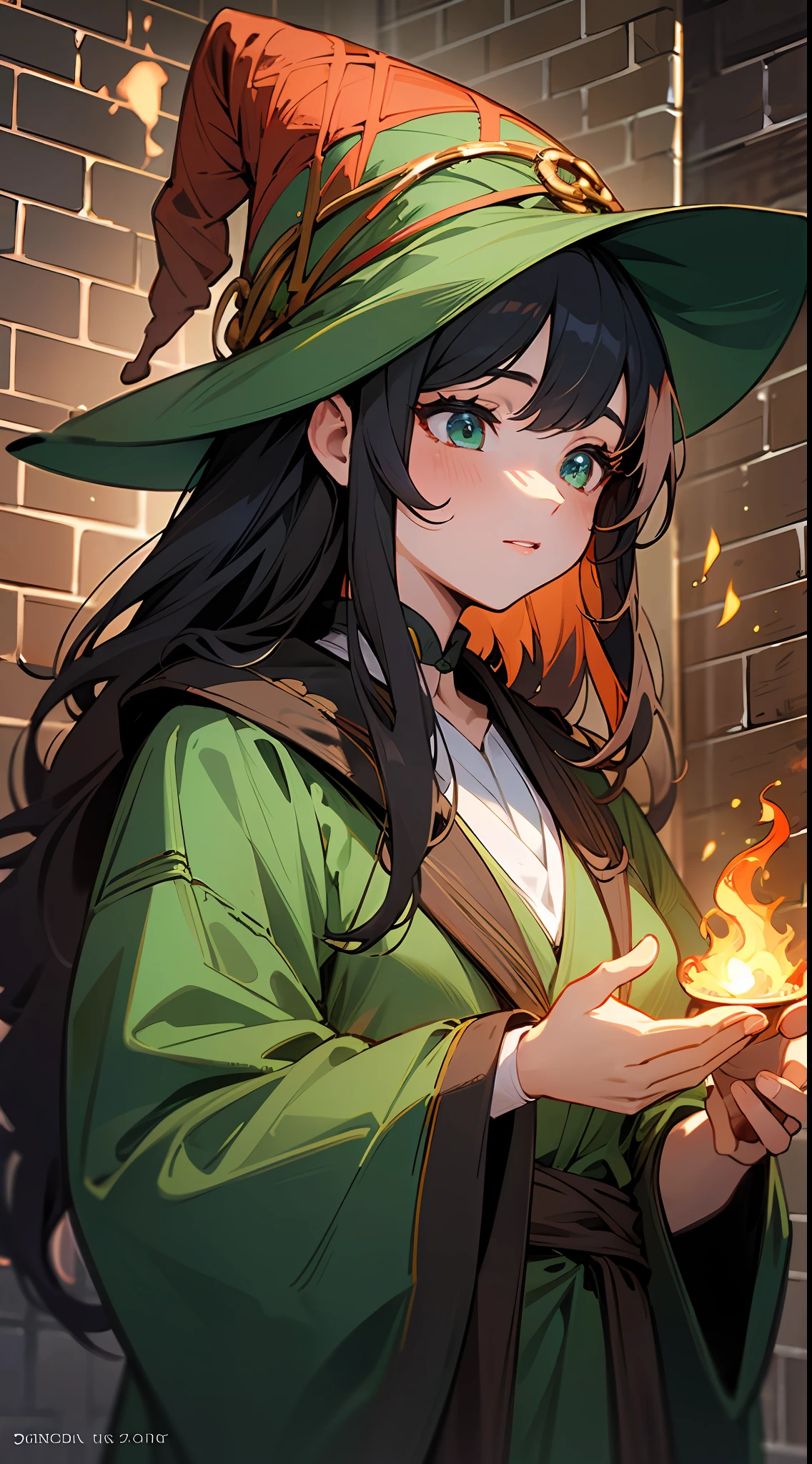 Top quality, detail, 8K, 4K, high resolution, detailed, black and long-haired witch, upper body shown, wearing a green robe, casting flame magic, in a dimly lit brick maze, ((multiple girls)), characters of various colors, (fantasy world), winter night,
