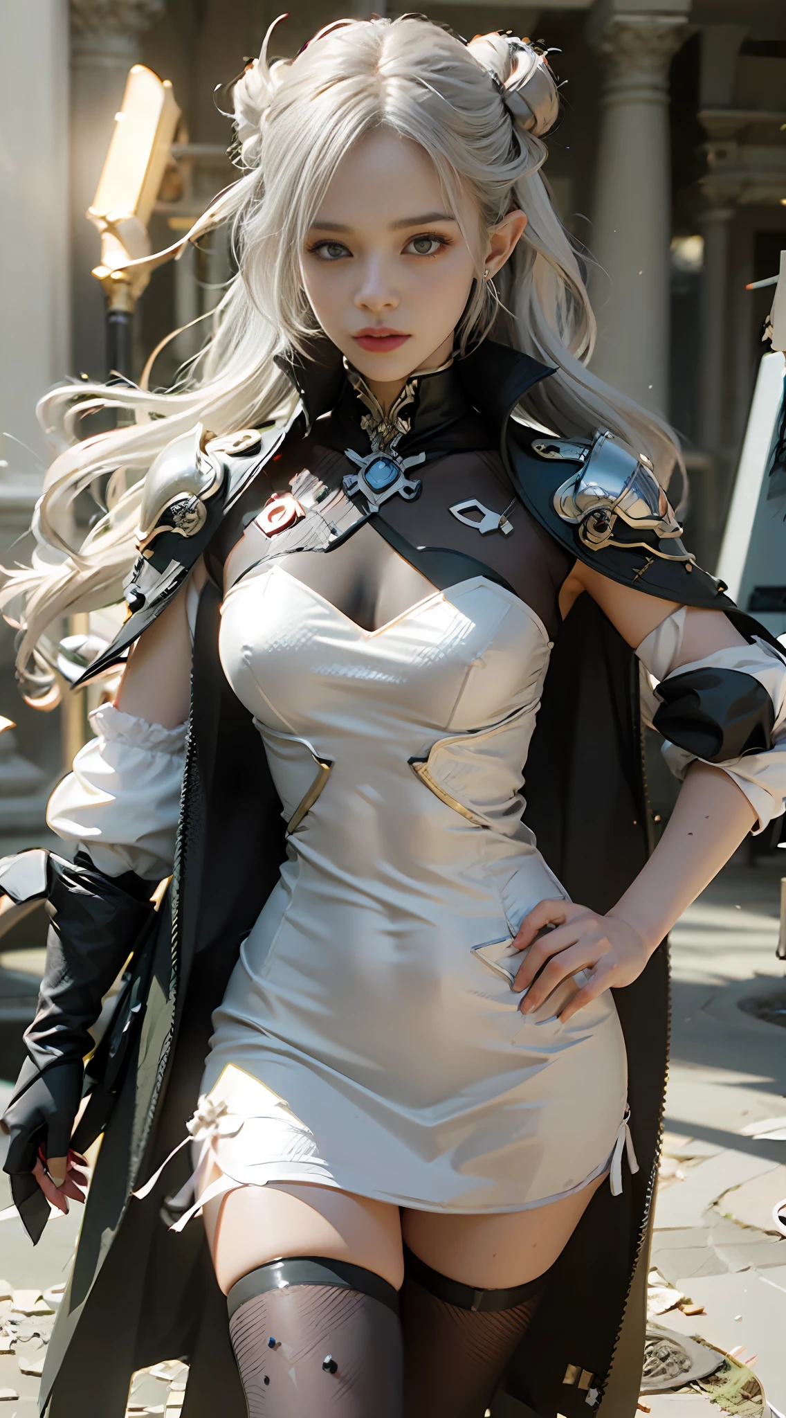 ((Best Quality)), ((Masterpiece)), (Details: 1.4), 3D, A Beautiful Elven Fantasy Style Female Figure, Full Body, Elf Long Ears, ((Long Silver Hair, One Bun: 1.9)), (Metal Tights: 1.4) (Western European Medieval Style, Metal Temple,: 1.6), Metallic Sequins, Fantasy Style, Face Close-up, Face Close-up, Extremely Normal Hands, Extremely Normal Legs, HDR (High Dynamic Range), Ray Tracing, NVIDIA RTX, Super-Resolution, Unreal 5, Subsurface Scattering, PBR Textures, Post-processing, Anisotropic Filtering, Depth of Field, Maximum Sharpness and Sharpness, Multi-layer Textures, Albedo and Highlight Mapping, Surface Shading, Accurate Simulation of Light-Material Interactions, Perfect Proportions, Octane Render, Bi-color Light, Large Aperture, Low ISO, White Balance, Rule of Thirds, 8K RAW,