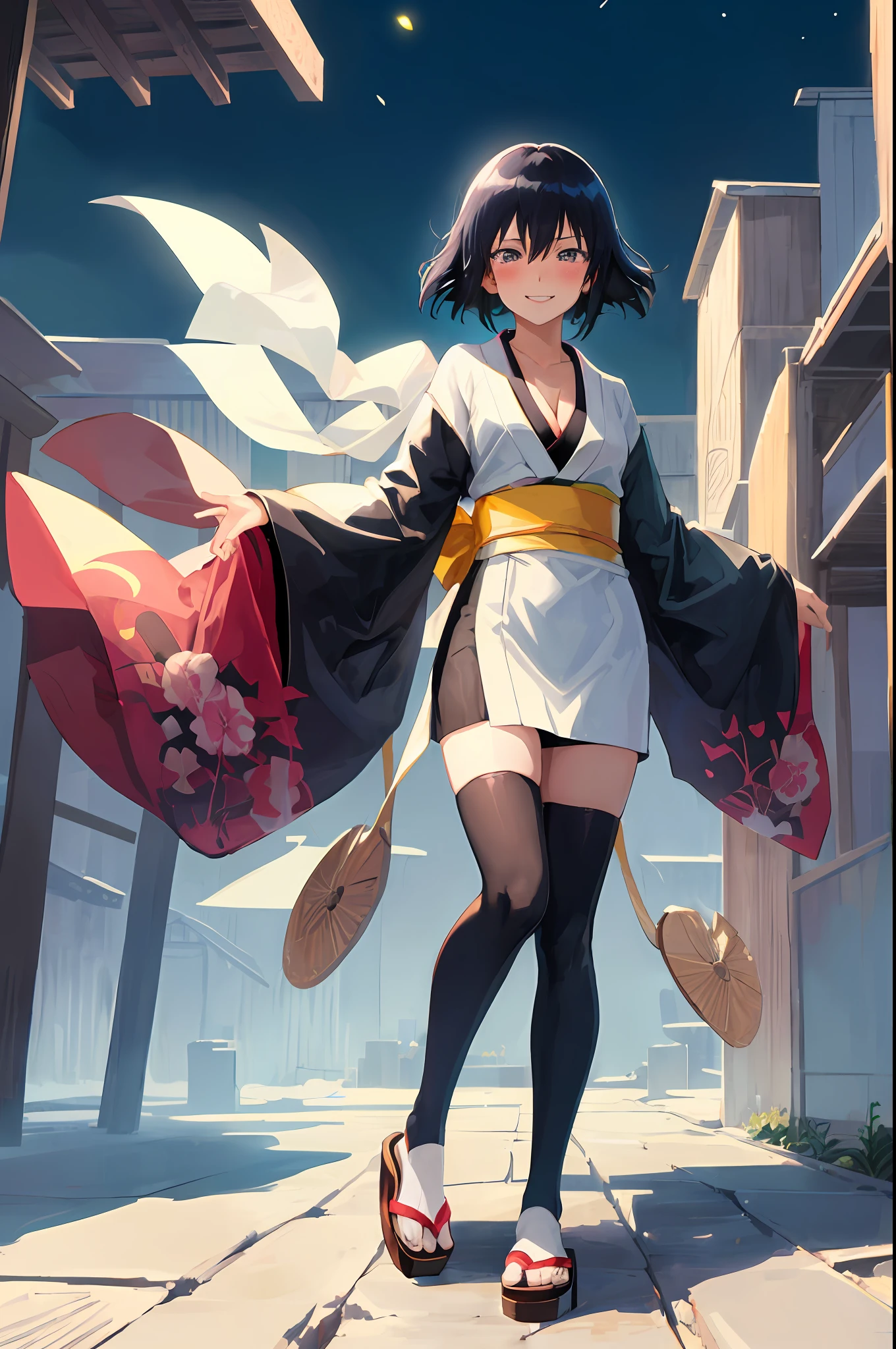 Soifon, bleach anime, 1girl, solo, cute kimono, wooden sandals, black thighhighs, medium breast, cleavage, japan akihabara, night view, hair between eyes, (soifon original hair), looking at viewer, black hair, solo, thighhighs, thighs, ((masterpiece)), standing, sexy pose, blush, shy, smile,