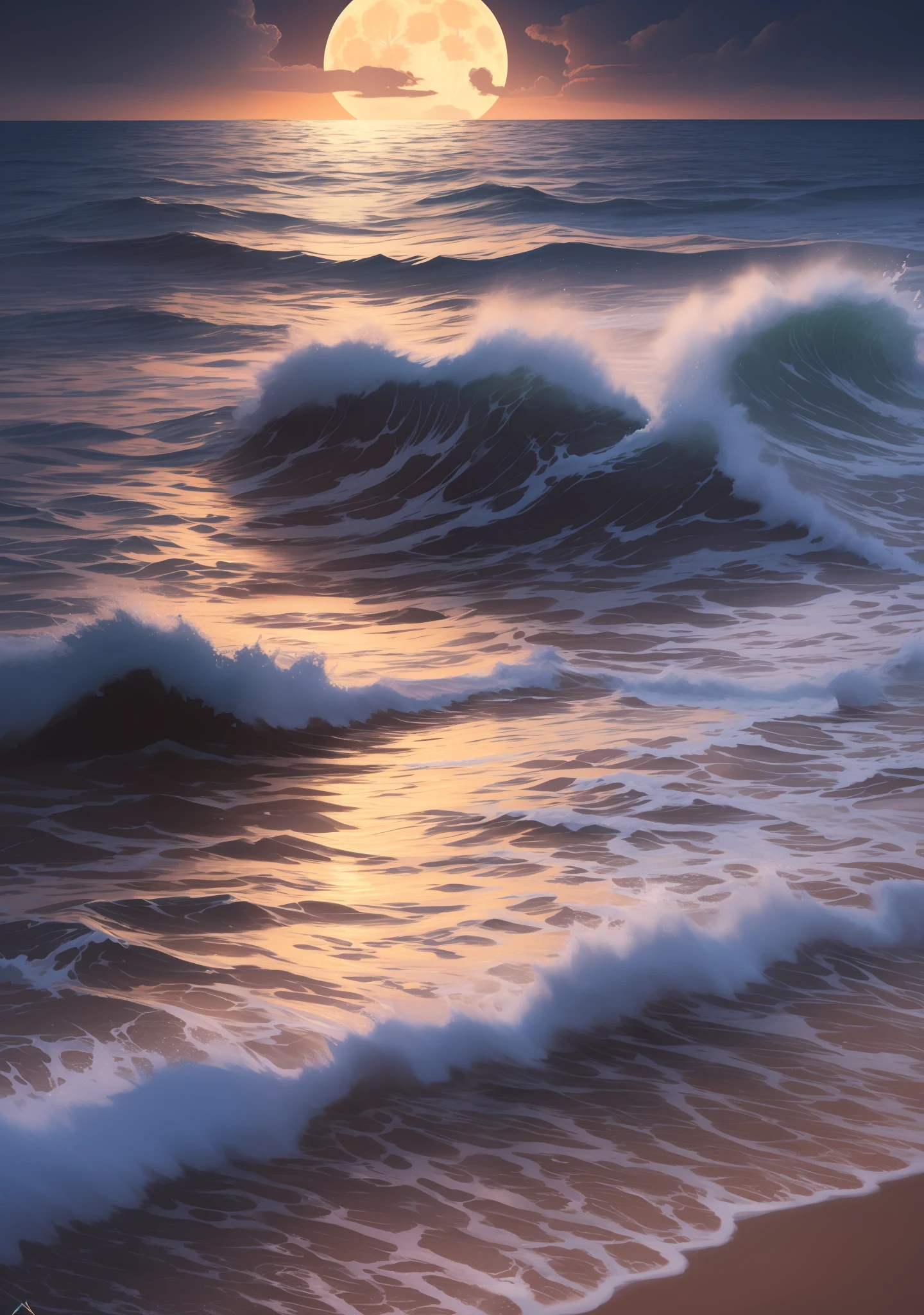Nice beach at night with a big full moon that reflects off the very rough water. Digital painting, artstation, concept art, soft focus, sharp, illustration. Ultra Realistic --auto --s2