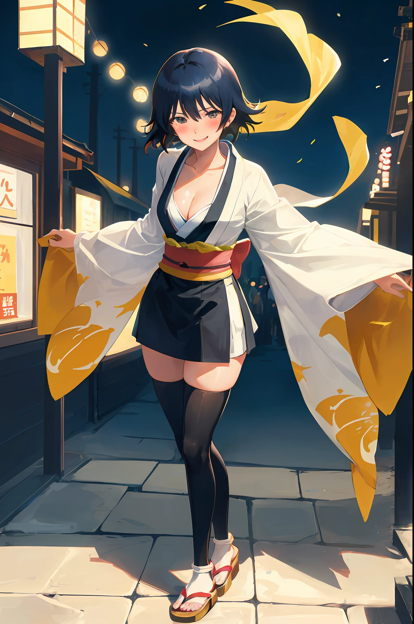 Soifon, bleach anime, 1girl, solo, cute kimono, wooden sandals, black thighhighs, medium breast, cleavage, japan akihabara, night view, hair between eyes, soifon hair, looking at viewer, black hair, solo, thighhighs, thighs, ((masterpiece)), standing, sexy pose, blush, shy, smile,