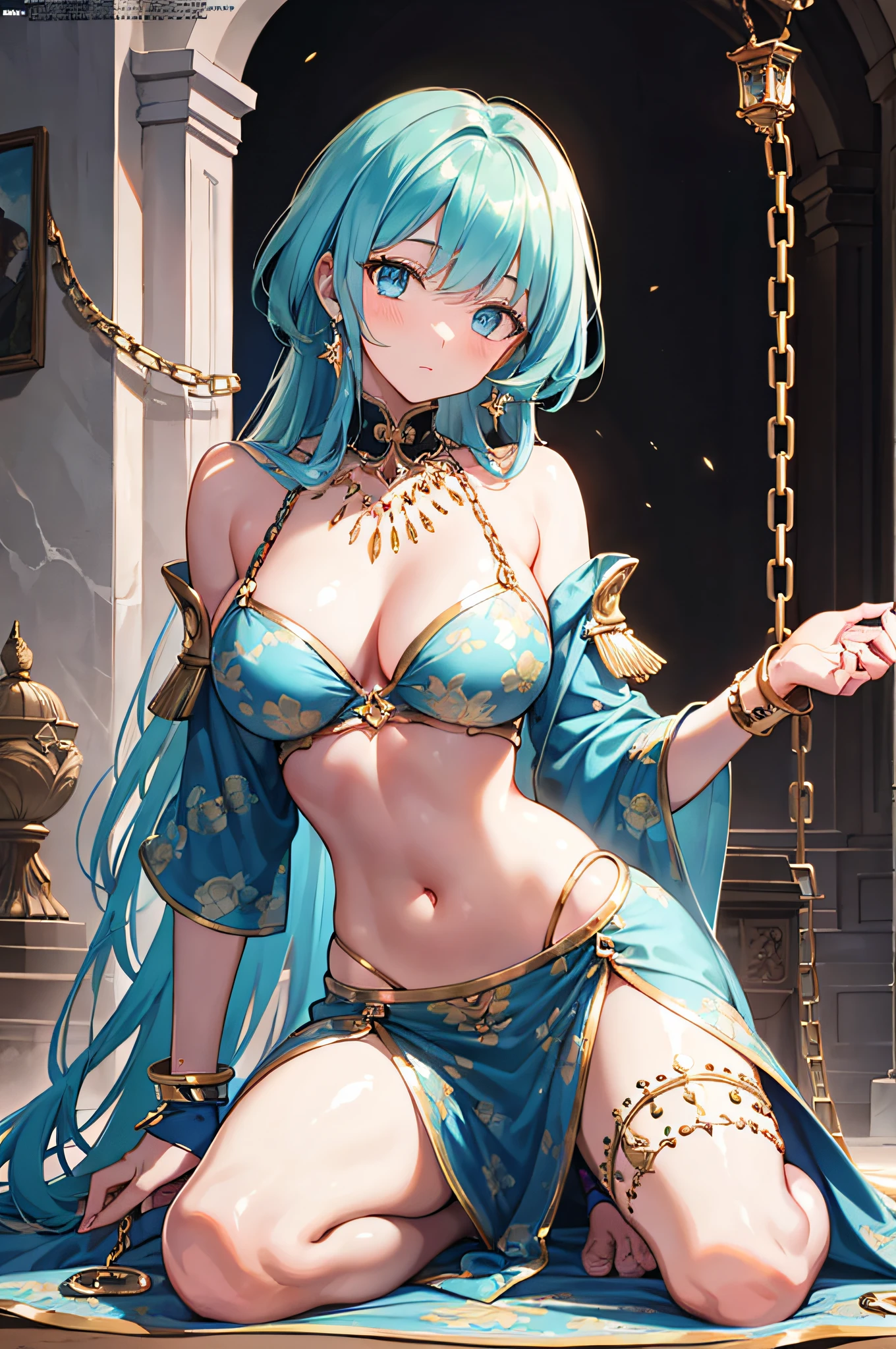 {{best quality}}, art CG, {{super detail}}, {{illustration}}, amazing, fine detail, extremely detailed CG, beautiful details glow, art book, original, cinematic lighting, perfect shadow, realistic lighting shadow, (2 Middle Eastern skin tones), statue, knees up or kneeling, slender, shiny hair, (shimmering skin), chain, collar, hand binding, handcuffs, body tag, medieval street (magazine:1.3), (cover style: 1.3), fashion, woman, blue hair, vibrant, clothing, posing, front, colorful, dynamic, background, element, confident, expressive, holding, statement, accessory, majestic, coiled, around, touch, scene, text, cover, bold, eye-catching, title, fashion, font, catchy, title, bigger, eye-catching, modern, fashion, focus, fashion,