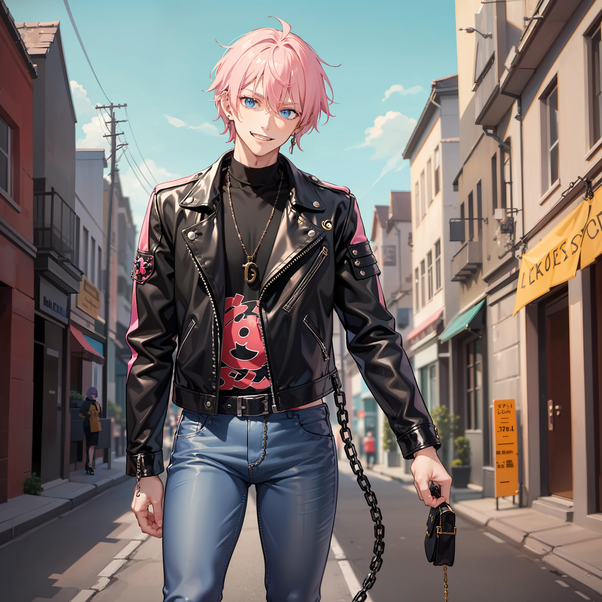 a cool man, light blue eyes, light pink short hair, leather jacket and black jeans, have a lot of chain accessories, earing on right ear, red sports shoes, evil smile, villain, anime character