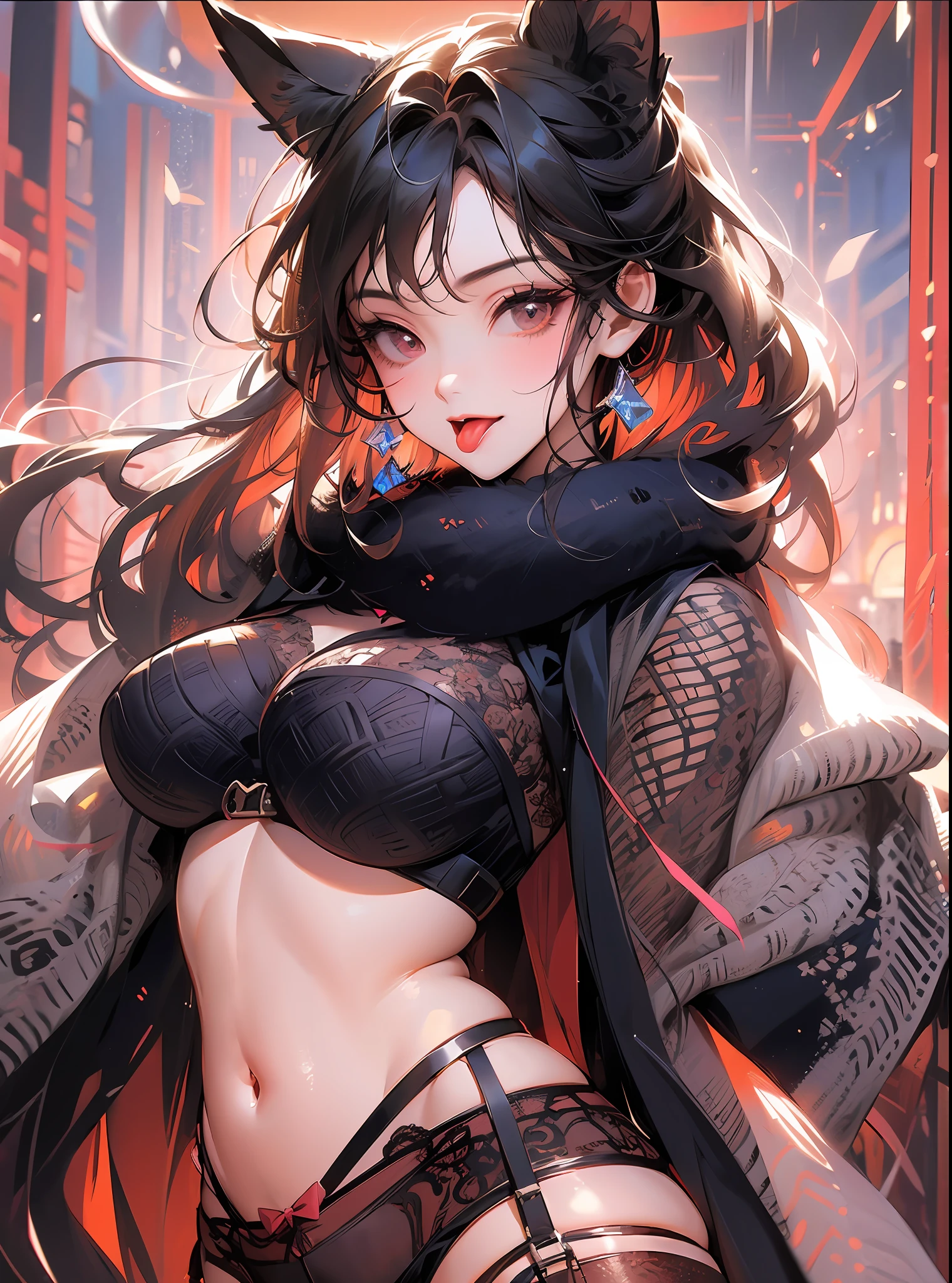 masterpiece, high quality, pink background, red background, 1girl, fur trim, bow, stick out her tongue, garter belt, black bow, bare belly, medium breast, animal ears, furry tail, outdoor, thighhighs, solo, jacket, cowboy mshot,