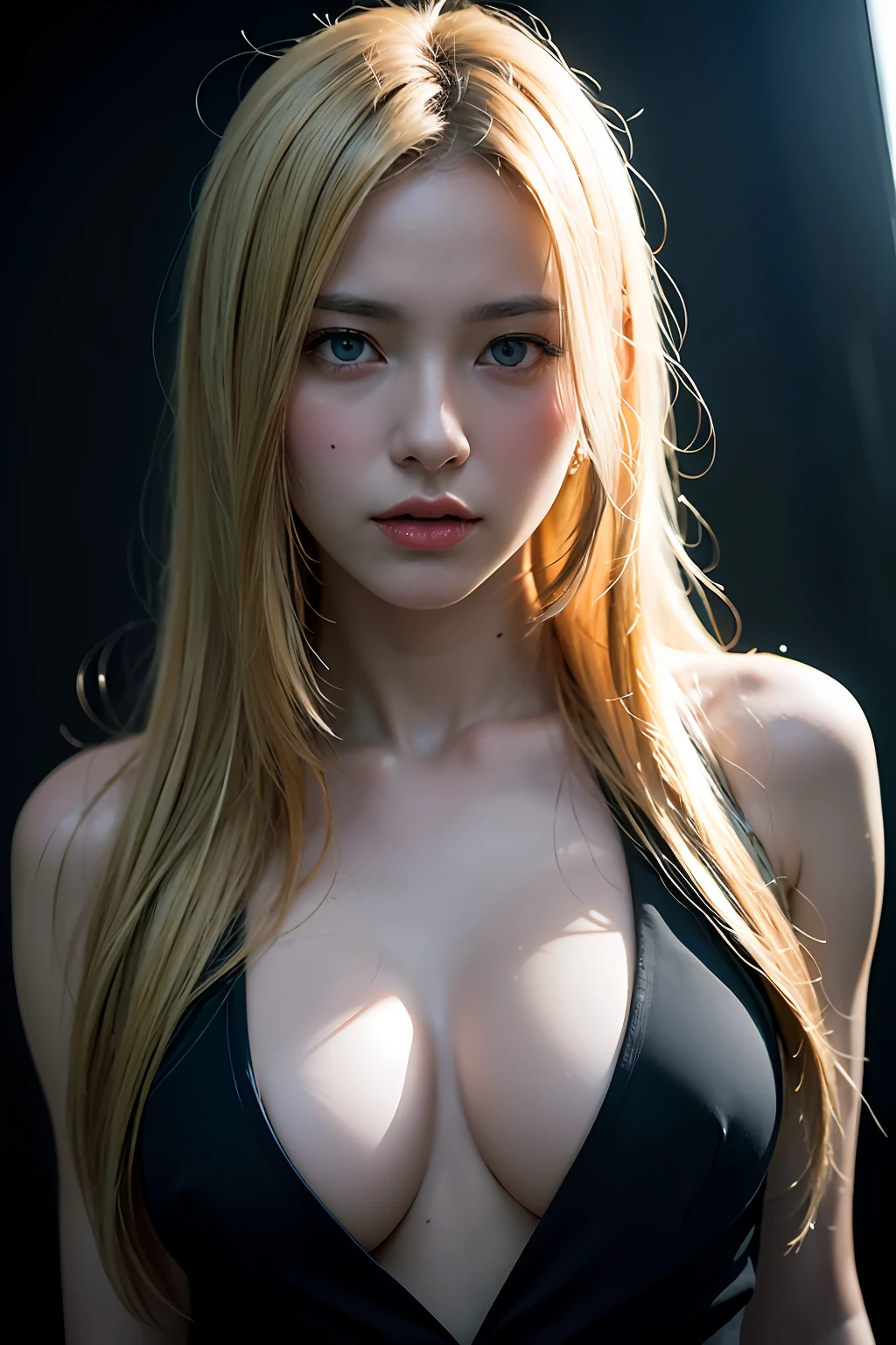 Best quality, masterpiece, ultra high res, (photorealistic:1.4), raw photo, 1girl, blonde hair, blue eyes, detailed eyes and face, black suit, dynamic lighting, in the dark, deep shadow, low key, cowboy shot full-lenght body