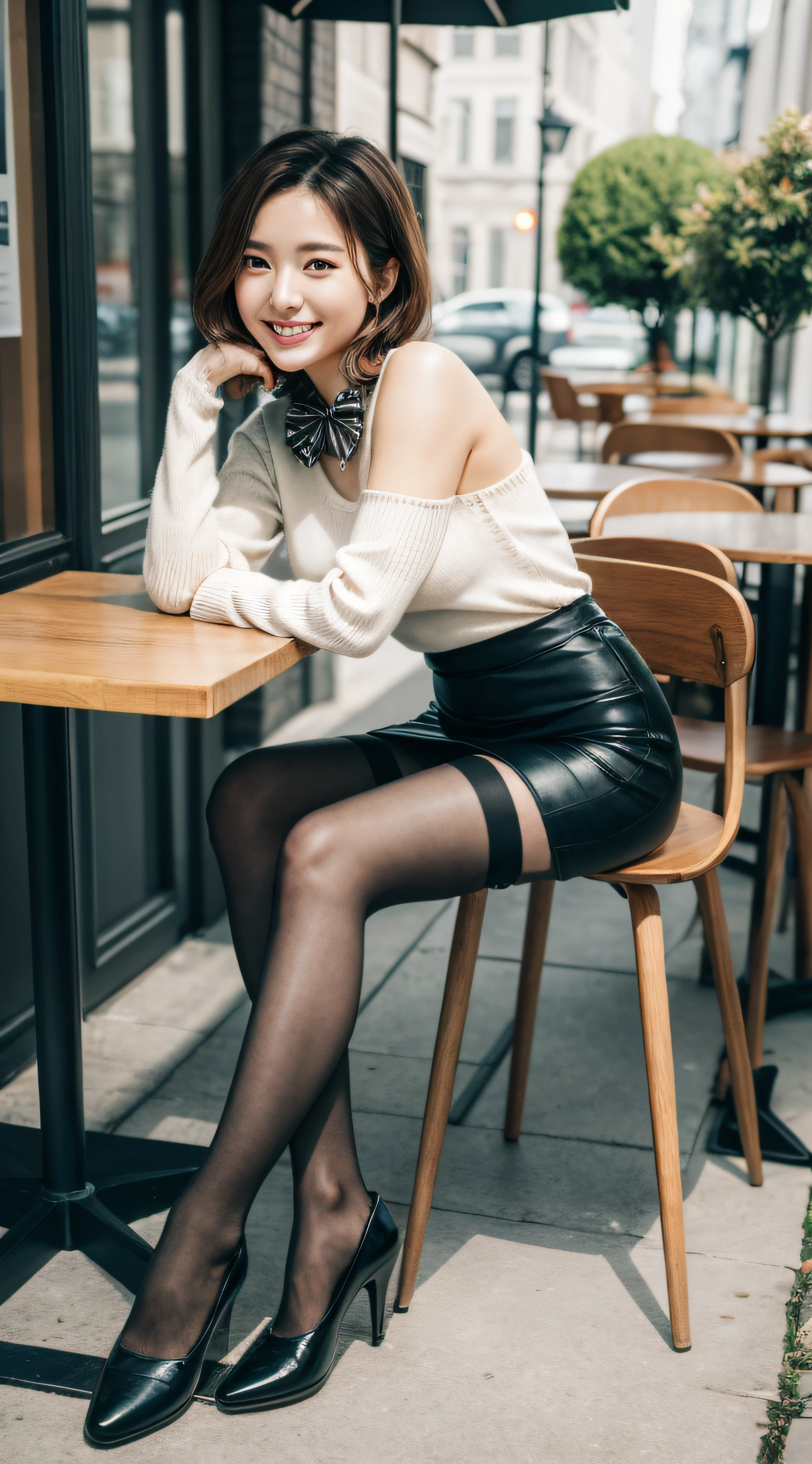8k UHD, DSLR, Film Grain, Fujifilm XT3,(Best quality:1.3), (Masterpiece:1.1), High resolution, cinematic light, Intricate details, (Realistic), outside, beautiful outside, sunny,
Korean style surviving woman, (in café: 1.5), dimples, short hair, looking at the audience, detailed trees, ribbons, bow ties, bare shoulders, ribbed sweater,
pencil skirt, high-waisted skirt, headrest, sitting, indoor,
Necklace, black pantyhose, sheet transport sweater, (smile), (full body: 1.6), slender,
