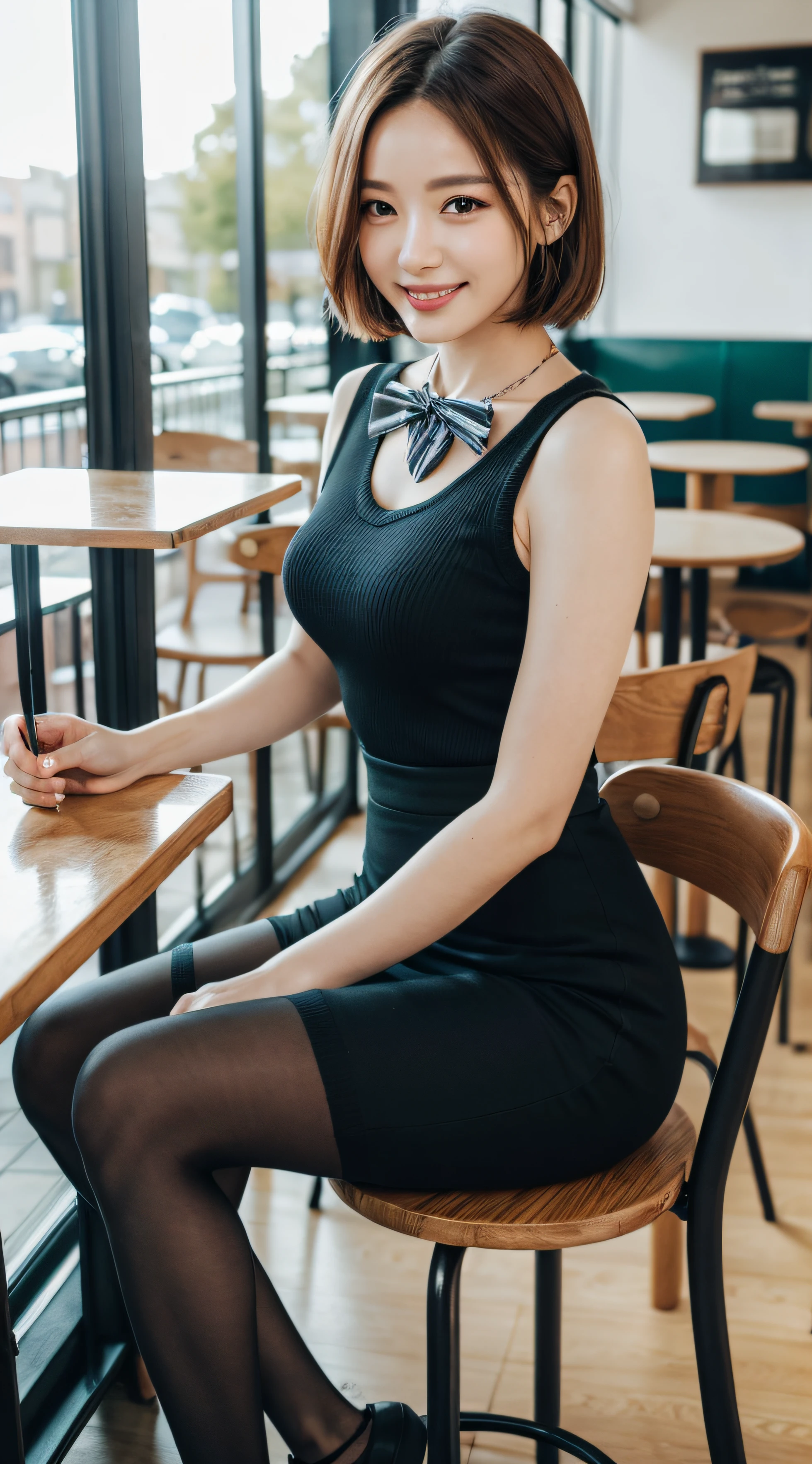 8k UHD, DSLR, Film Grain, Fujifilm XT3,(Best quality:1.3), (Masterpiece:1.1), High resolution, cinematic light, Intricate details, (Realistic), outside, beautiful outside, sunny,
Korean style surviving woman, (in café: 1.5), dimples, short hair, looking at the audience, detailed trees, ribbons, bow ties, bare shoulders, ribbed sweater,
pencil skirt, high-waisted skirt, headrest, sitting, indoor,
Necklace, black pantyhose, sheet transport sweater, (smile), (full body: 1.6), slender,