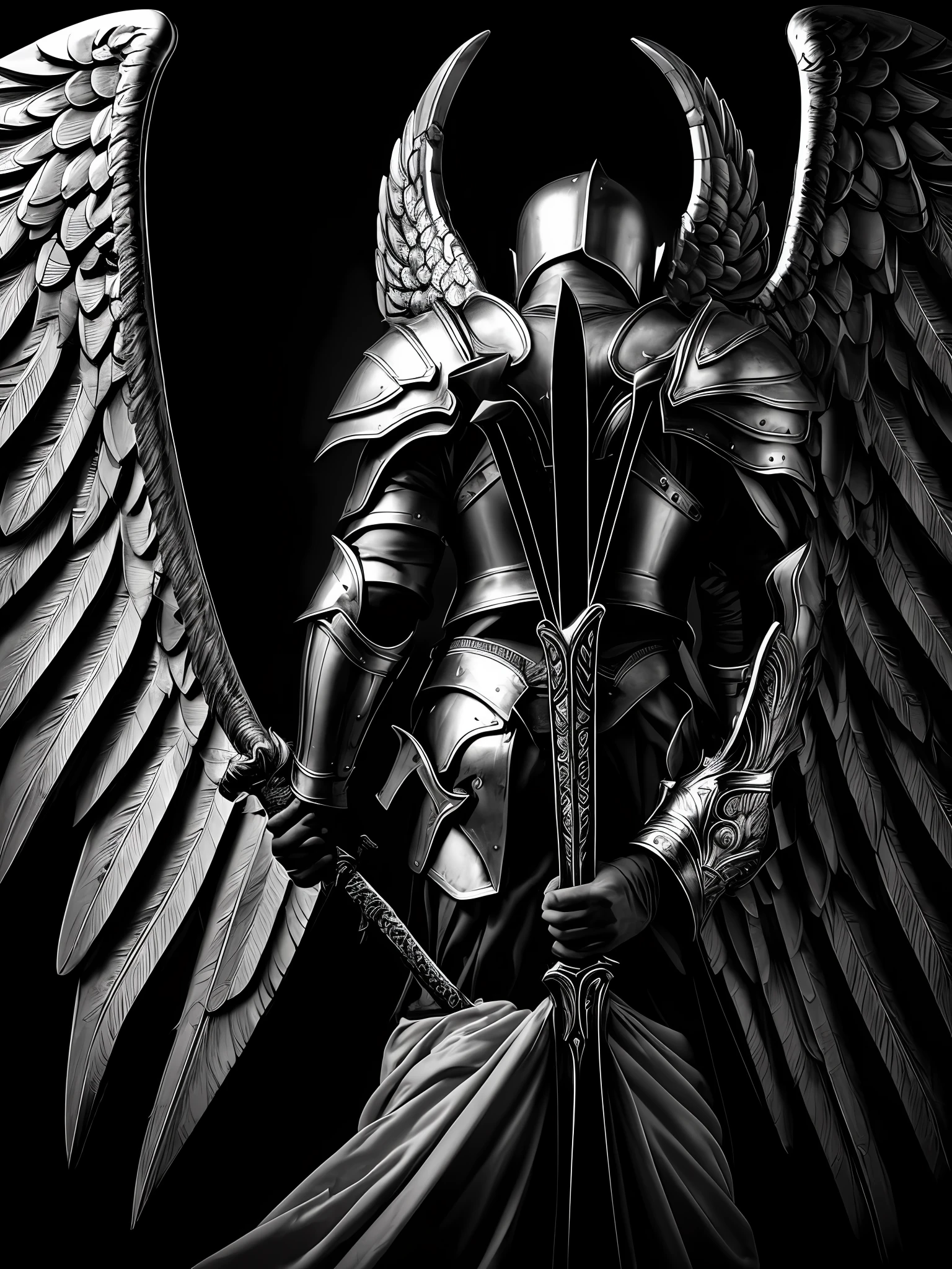 a black and white photo of a man with wings and a sword, armor angle with wing, angel protecting man, by Eugeniusz Zak, archangel, with wings. ultra-detailed, big angel wings on back, archangel michael, saint michael the angel, wings growing out of arms, angels vs demons, epic angel wings, winged archer --auto