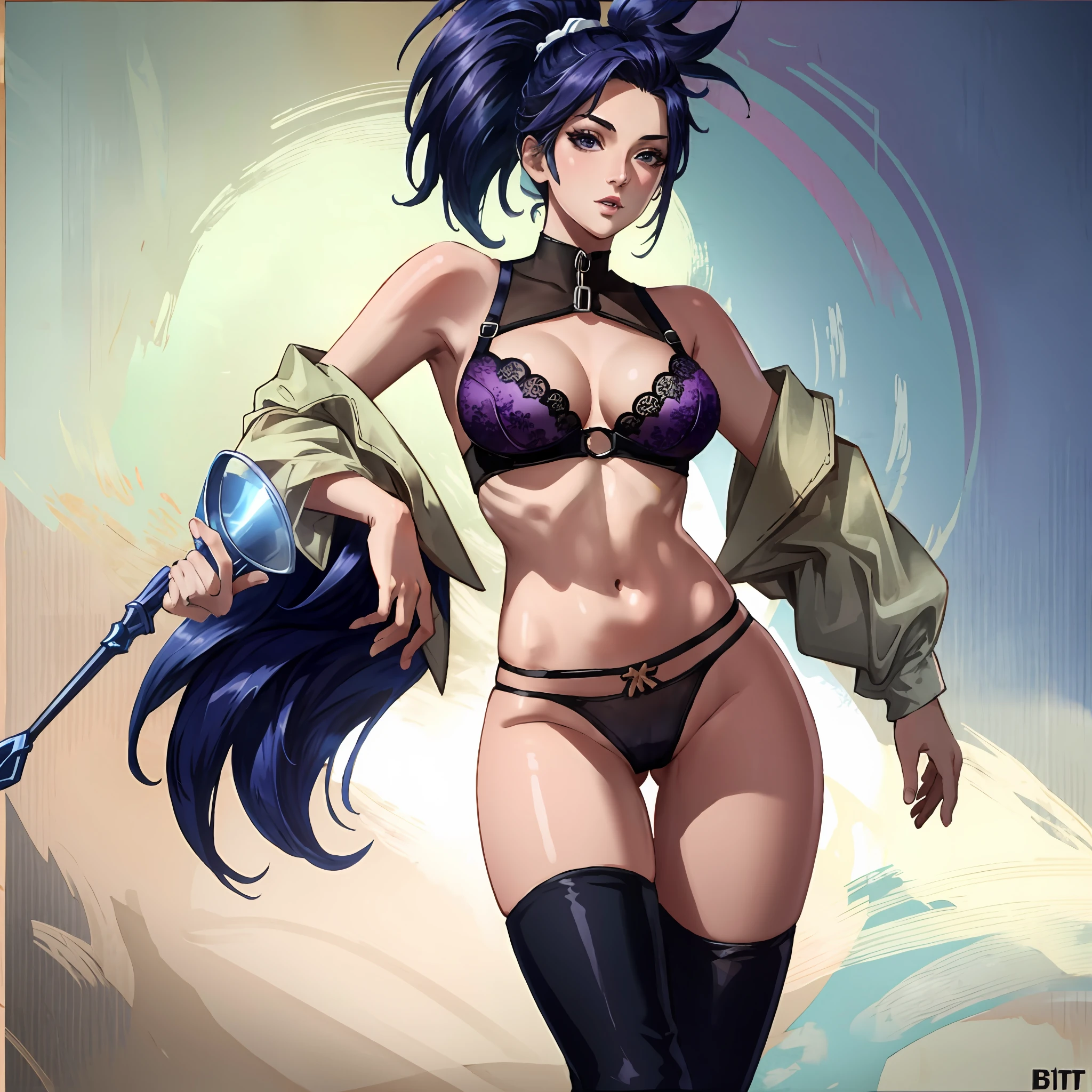 ((best quality)), ((masterpiece)), ((realistic)), (detailed), highly detailed skin, 1girl, K/DA all out Akali,All out alternate outfit,kpop,popstar ,navel, midrift, stunning gradient colors, no watermark signature, detailed background, insanely detailed, , ((masterpiece)), HDR, spreading legs,slutty expression,bitch,pornstar, league of legends,topless,big breasts,moaning,lewd,legs spread wide, spreading legs wide,purple colour outfit,bra and panty,camel toe,tomboy
