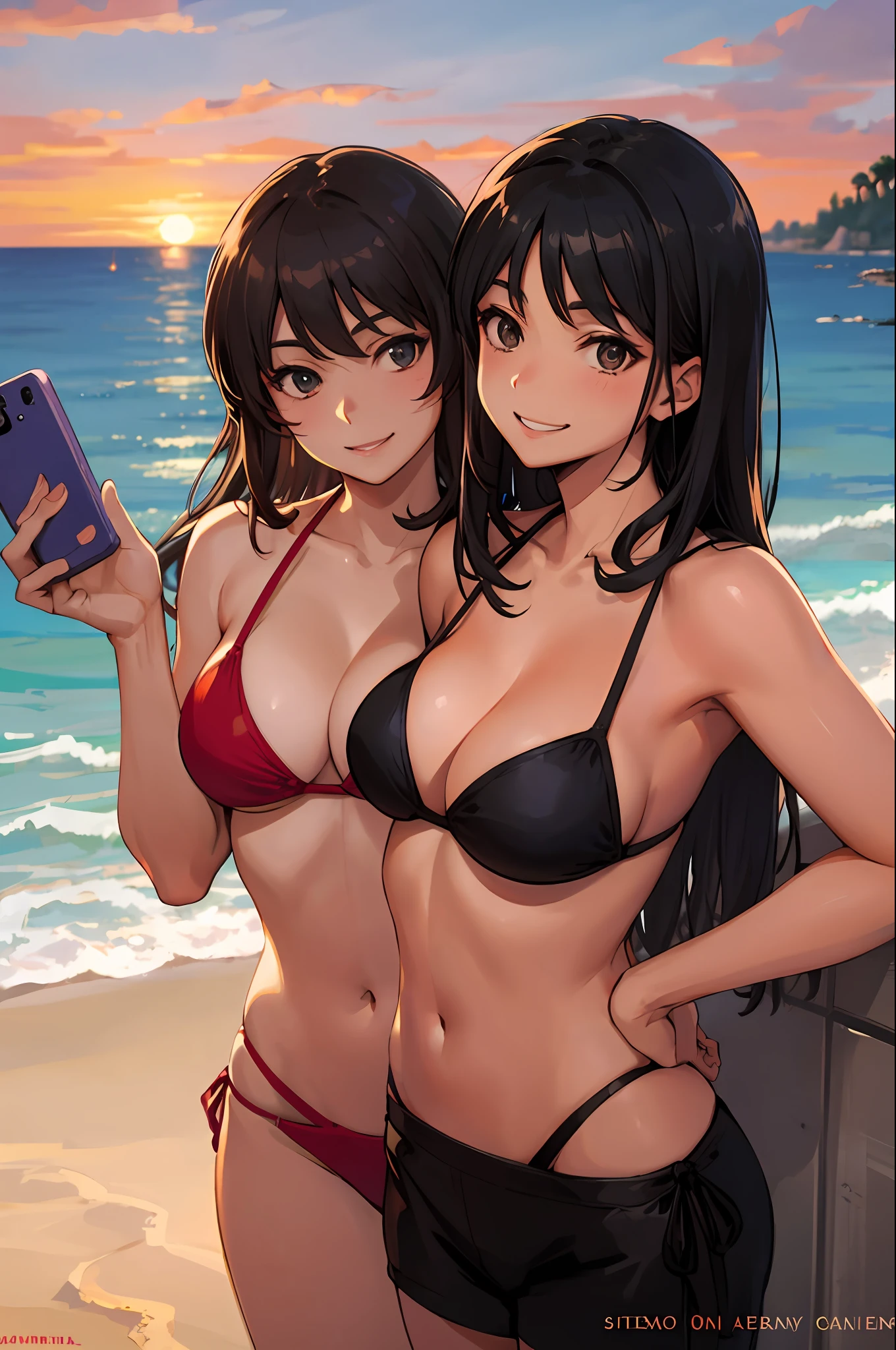 realistic, 2 women.selfie, bikini, beach, smiling, sexy, sunset