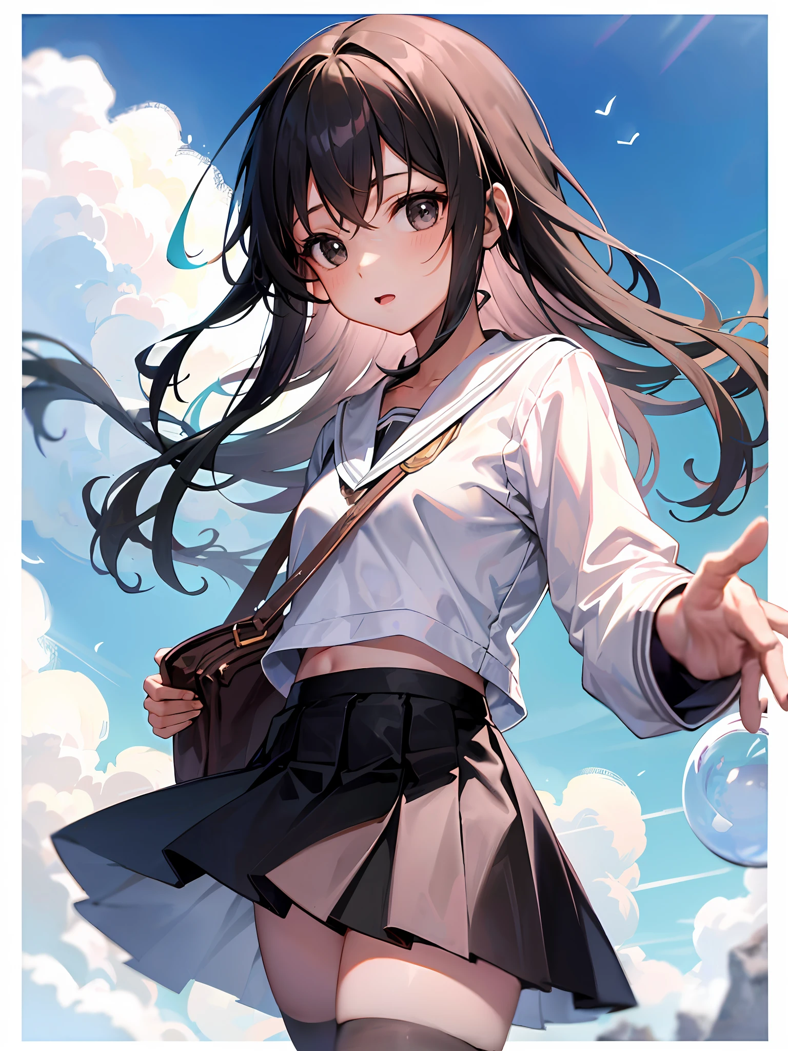 Anime: A  with black hair and black eyes, wearing a pleated skirt, greeting her to the left with long hair