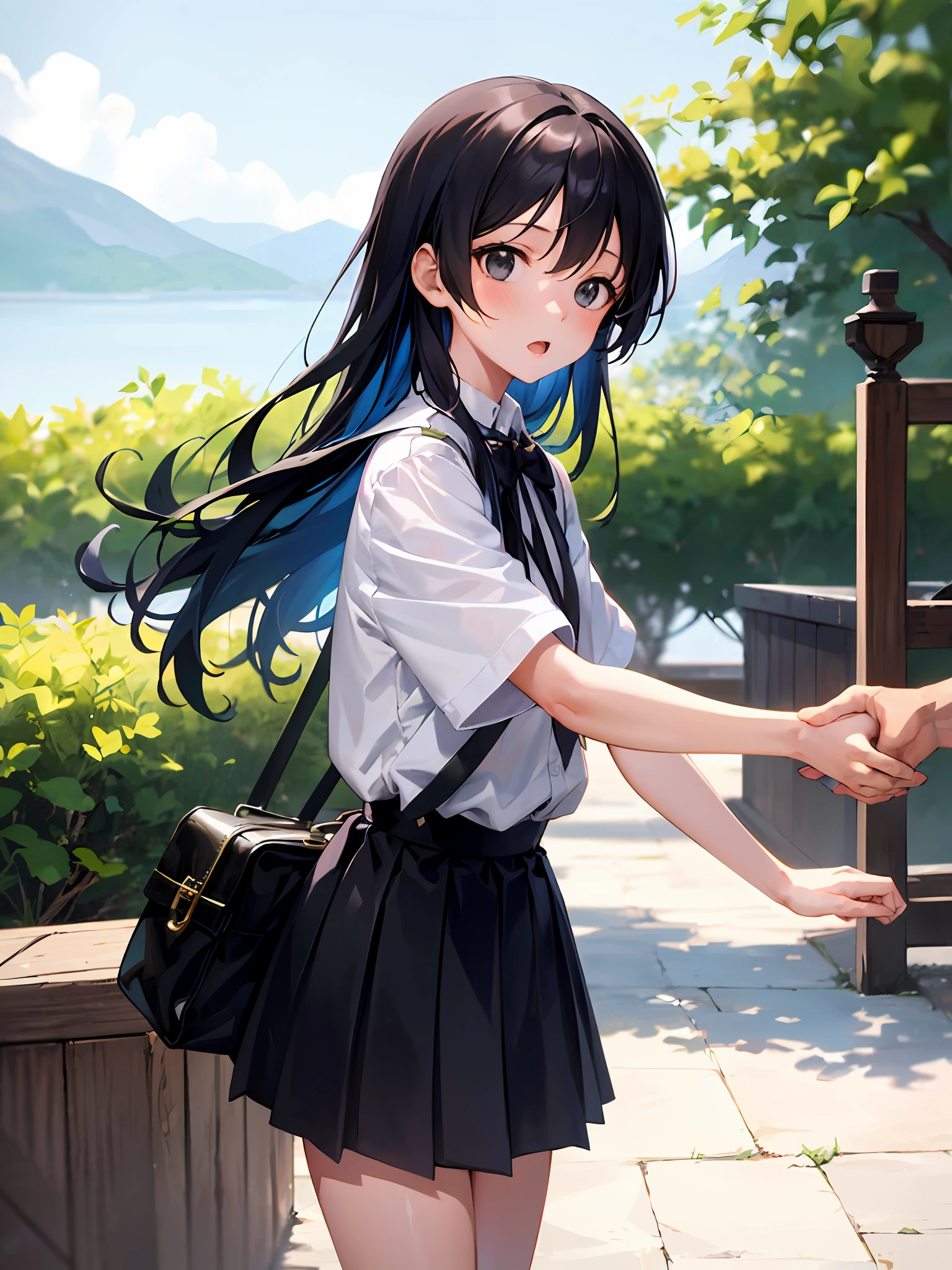 Anime: A  with black hair and black eyes, wearing a pleated skirt, greeting her to the left with long hair