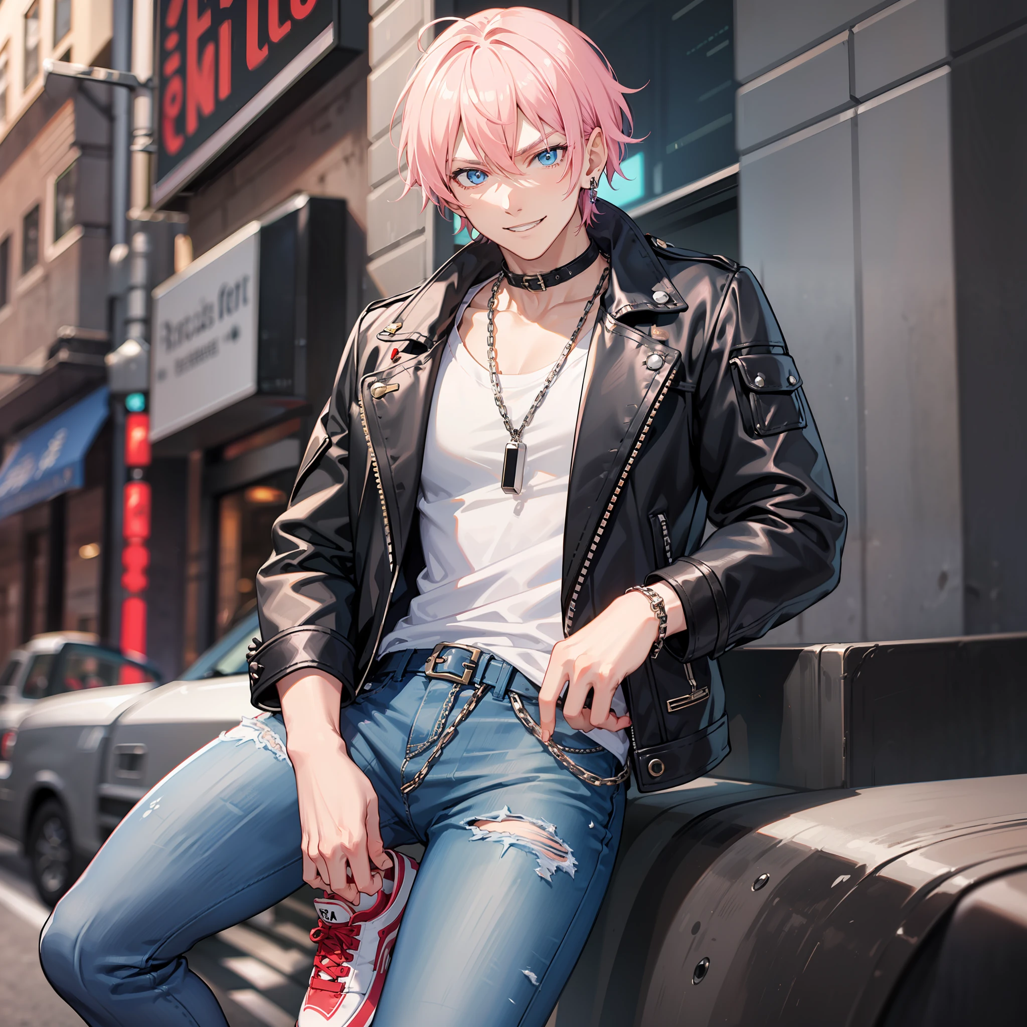 a cool man, light blue eyes, light pink short hair, leather jacket and black jeans, have a lot of chain accessories, earing on right ear, red sports shoes, evil smile, villain, anime character