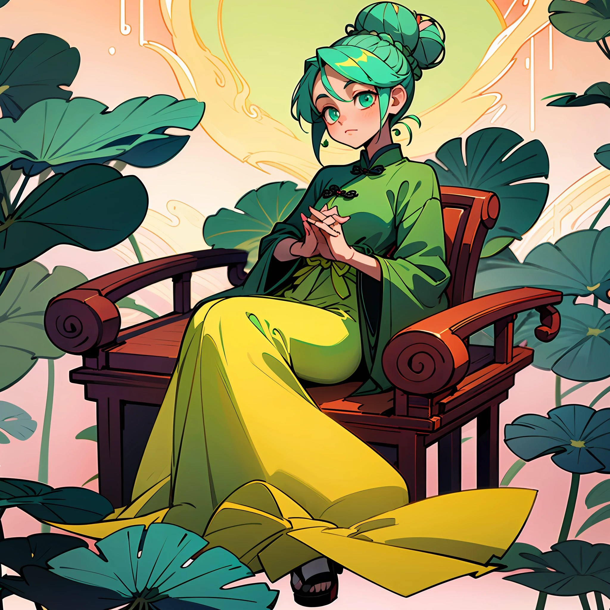 An ancient Chinese girl sits on a blooming lotus throne with a green silk ribbon tied in a high bun and wears a skirt with smooth and clear lines in her folds. The girl clasped her hands together, palm to palm, and her eyes looked gently at her hands. The girl was surrounded by tall pink lotus flowers and large green lotus leaves, on which water droplets rolled and shiny. beautu 1:1 --auto