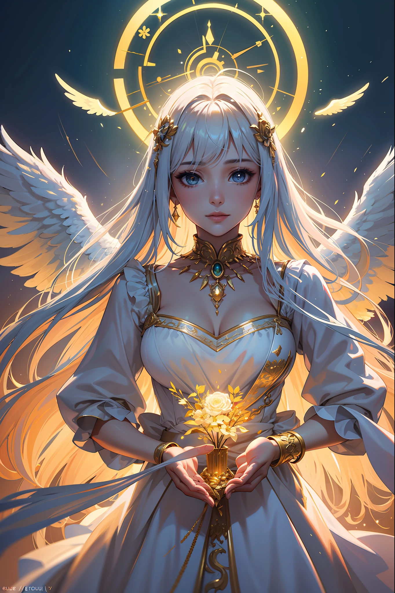 photorealistic, (hyperrealistic:1.2), beautiful, masterpiece, best quality, extremely detailed face, perfect lighting, nice hands, perfect hands, A divine and radiant angel in celestial splendor, (heavenly presence:1.2), (serene expression), (majestic wings), (ethereal glow:1.1), (peaceful and comforting), (transcendent beauty), (divine grace), (symbol of purity), (golden halo), (uplifting atmosphere), (celestial realm), (spiritual enlightenment), (gentle and protective), (illuminating light:1.2), (seraphic figure), (harmony and serenity), (angelic robes), (timeless and celestial), (captivating aura), (healing and guidance)