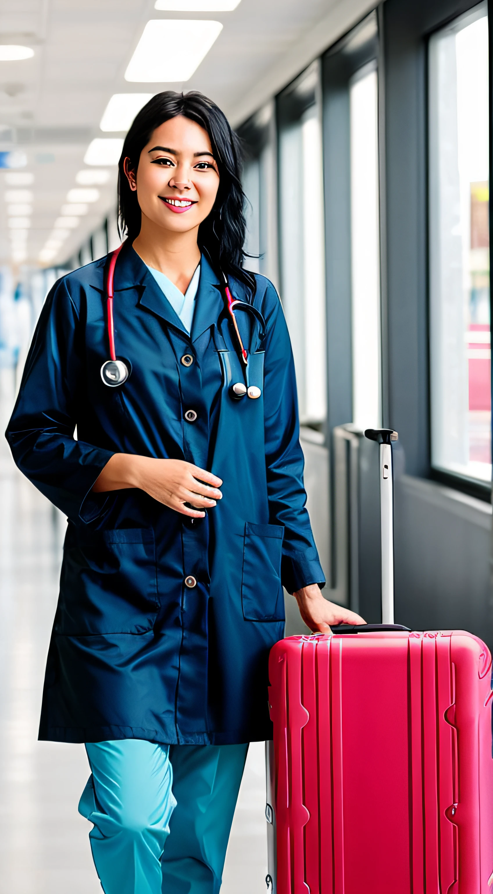 realistic ,black hair nurse , with blue lab coat , bloodstained , and holding a suitcase on the side 4k realistic realistic ,34k