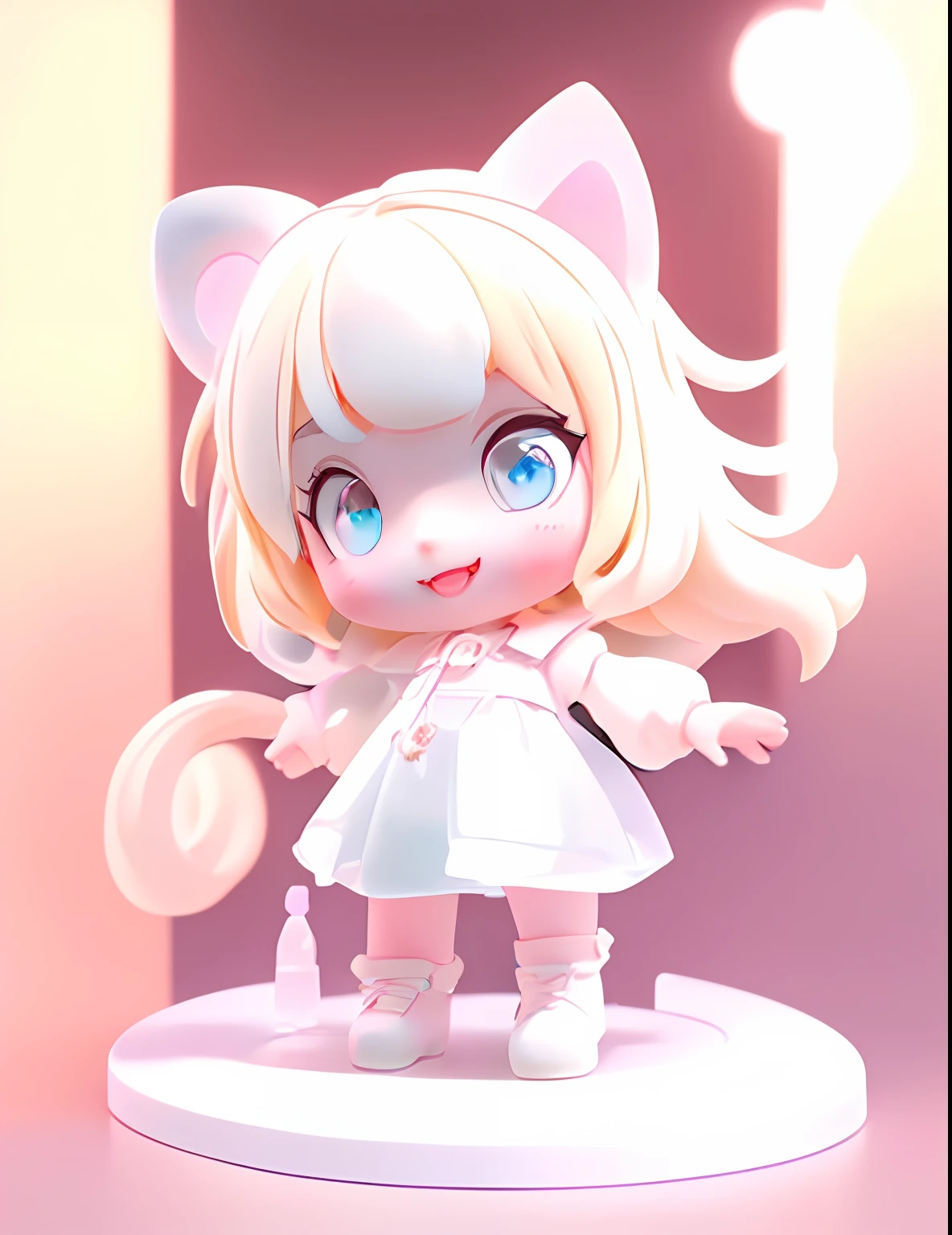 An image of a girl with single cat ears, round eyes, cute fangs, and white-blond hair. Front full body, candy color, cute, C4D, clean background, octane rendering, Blender, 8K, blind box, popmart design, holographic, diamond luster, metallictexture, super cute gril, girl, happy