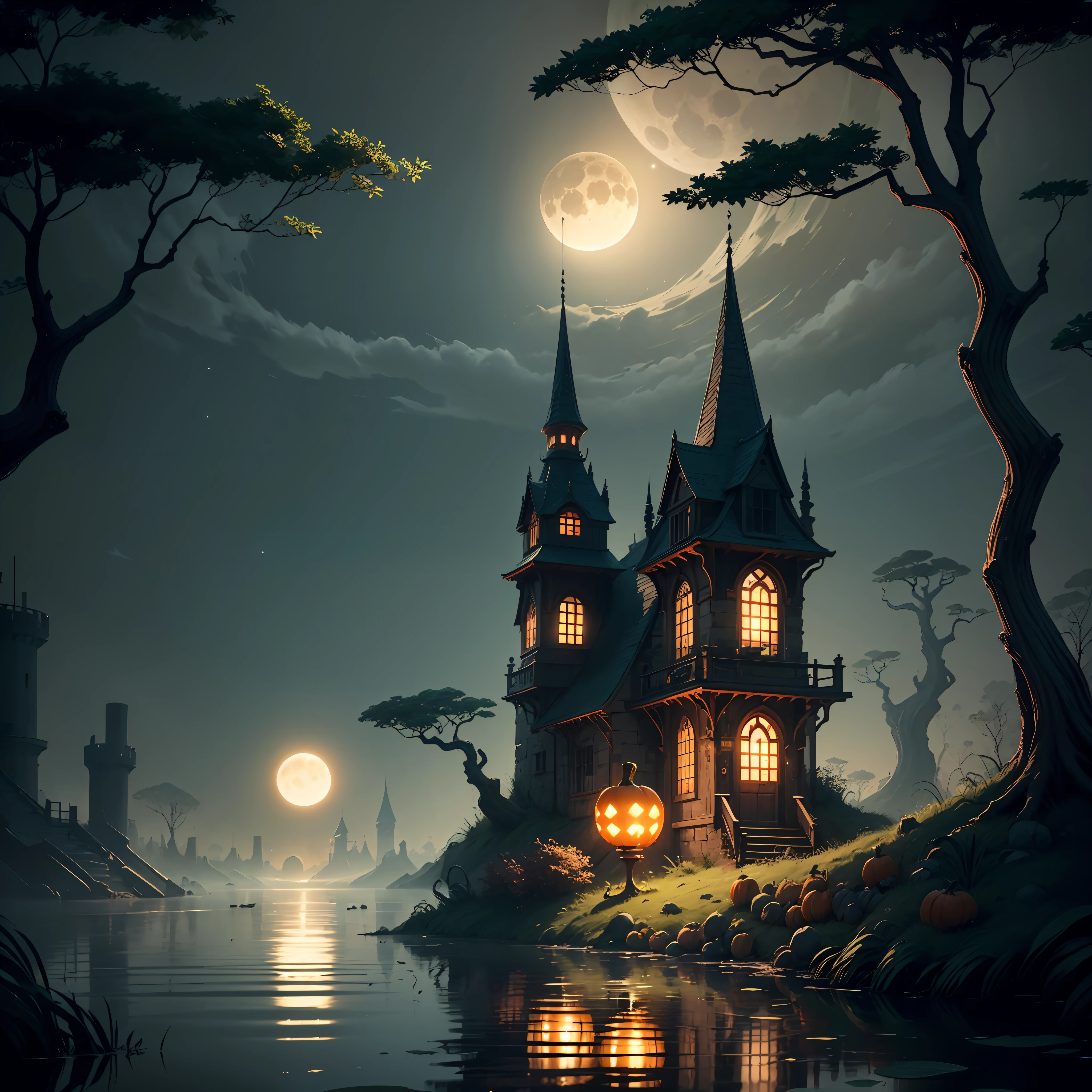 Castles, swamps, pumpkins, withered giant branches, blood-colored moons, dim environments, bottom-up, oil lamps emitting faint lights, ray tracing,