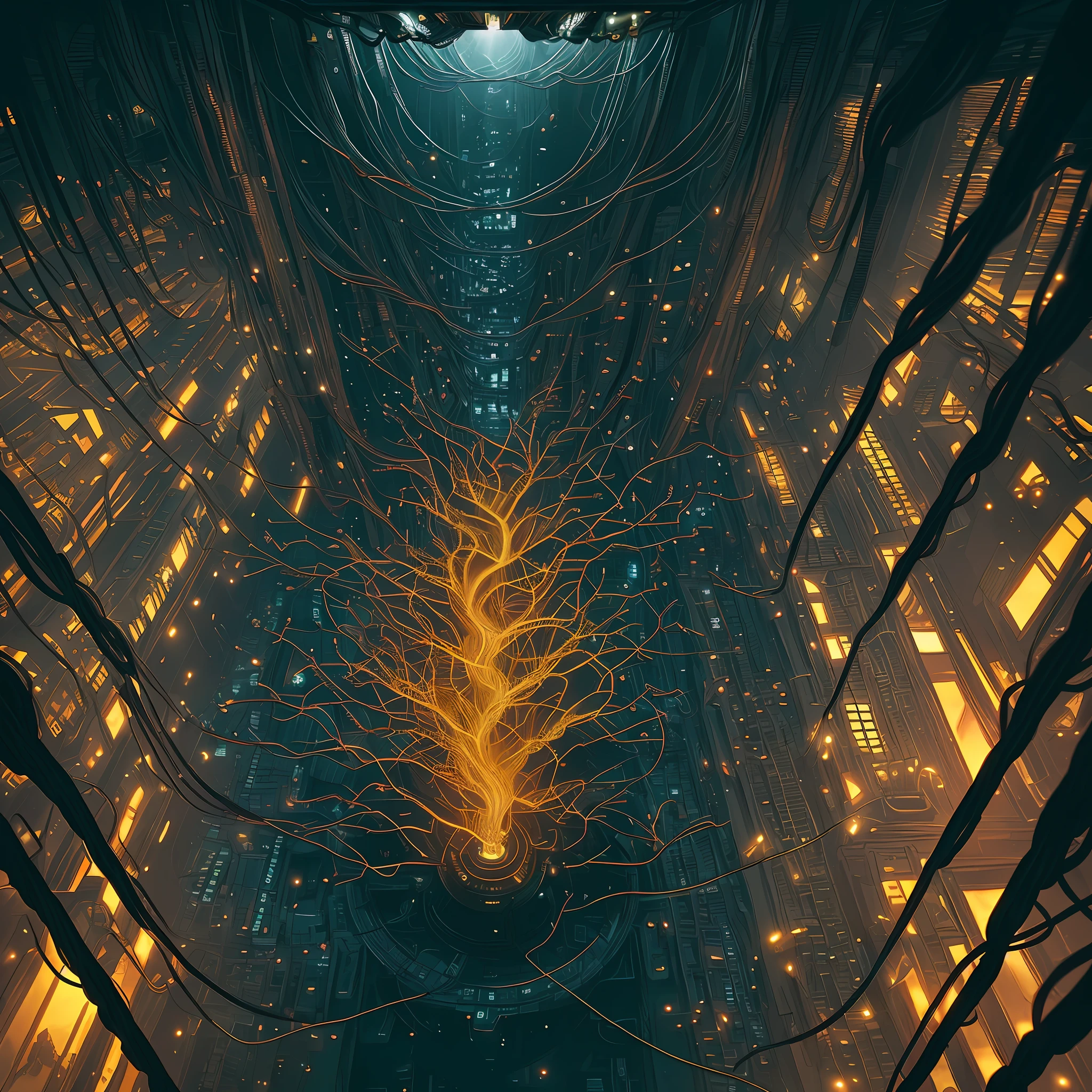 A lighter with the following pattern: (bystanders driving automata calmly hover in the foreground, behind them there is an incredibly complex and intricate network of cables, dark fantasies, dark atmospheres, atmospheric lighting, cinematic lighting, optimal angles, hyper-detail, intricate angles, angles from above)