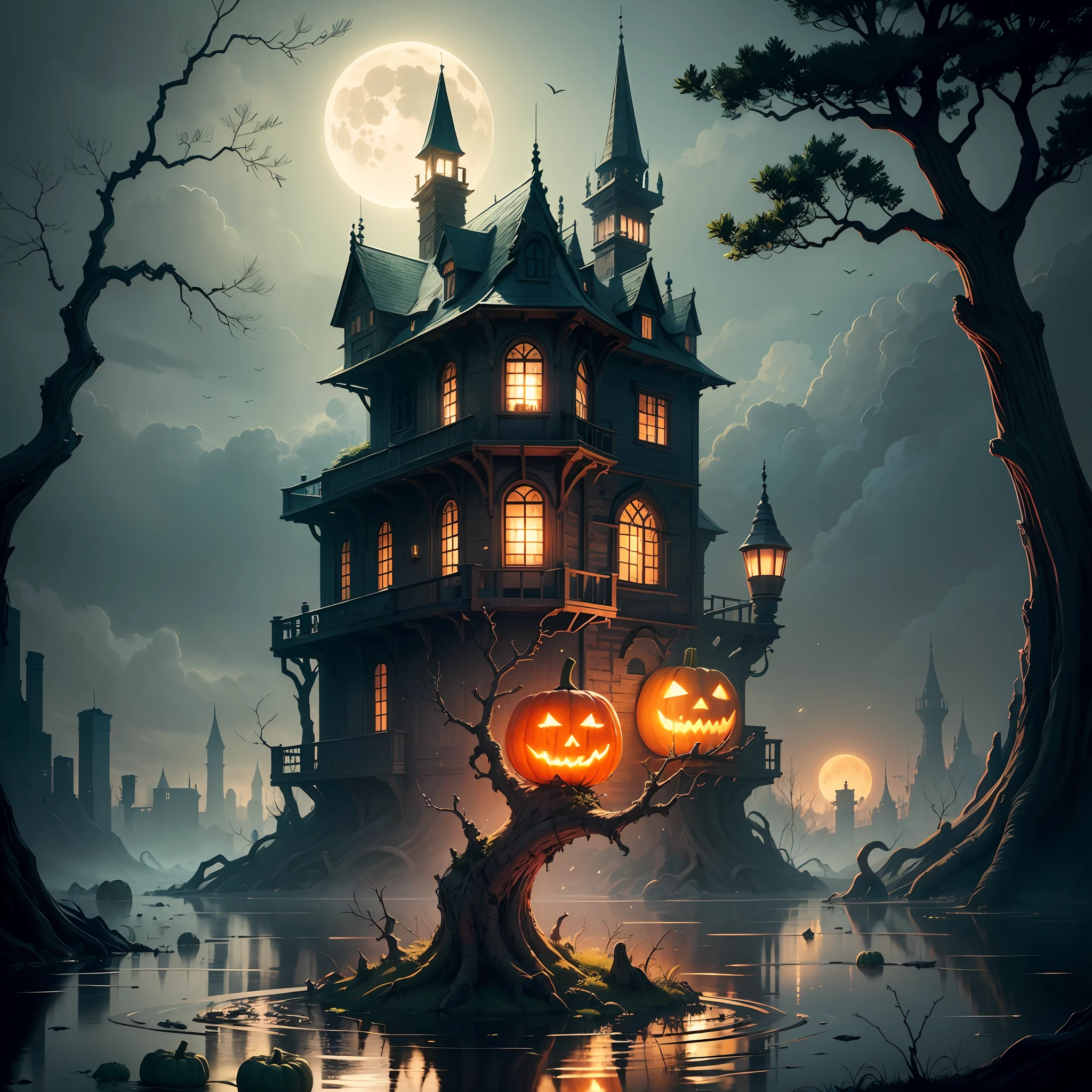 Castles, swamps, pumpkins, withered giant branches, blood-colored moons, dim environments, bottom-up, oil lamps emitting faint lights, ray tracing,