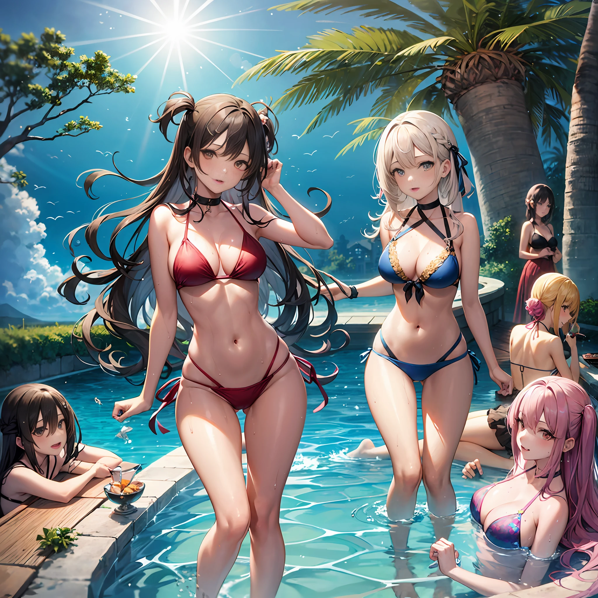 7girls,harem, poolside, party, colorful bikini, wet hair, colorful hair,partially underwater shot, panorama, full body