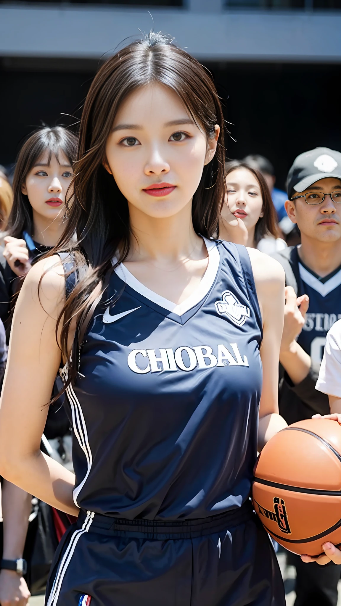 araffe woman in a blue uniform holding a basketball ball in front of a crowd, wearing basketball jersey, wearing nba jersey, shot on nikon z9, lee ji-eun, jaeyeon nam, lee ji - eun, japanese model, 奈良美智, shot with canon eoa 6 d mark ii, heonhwa choe