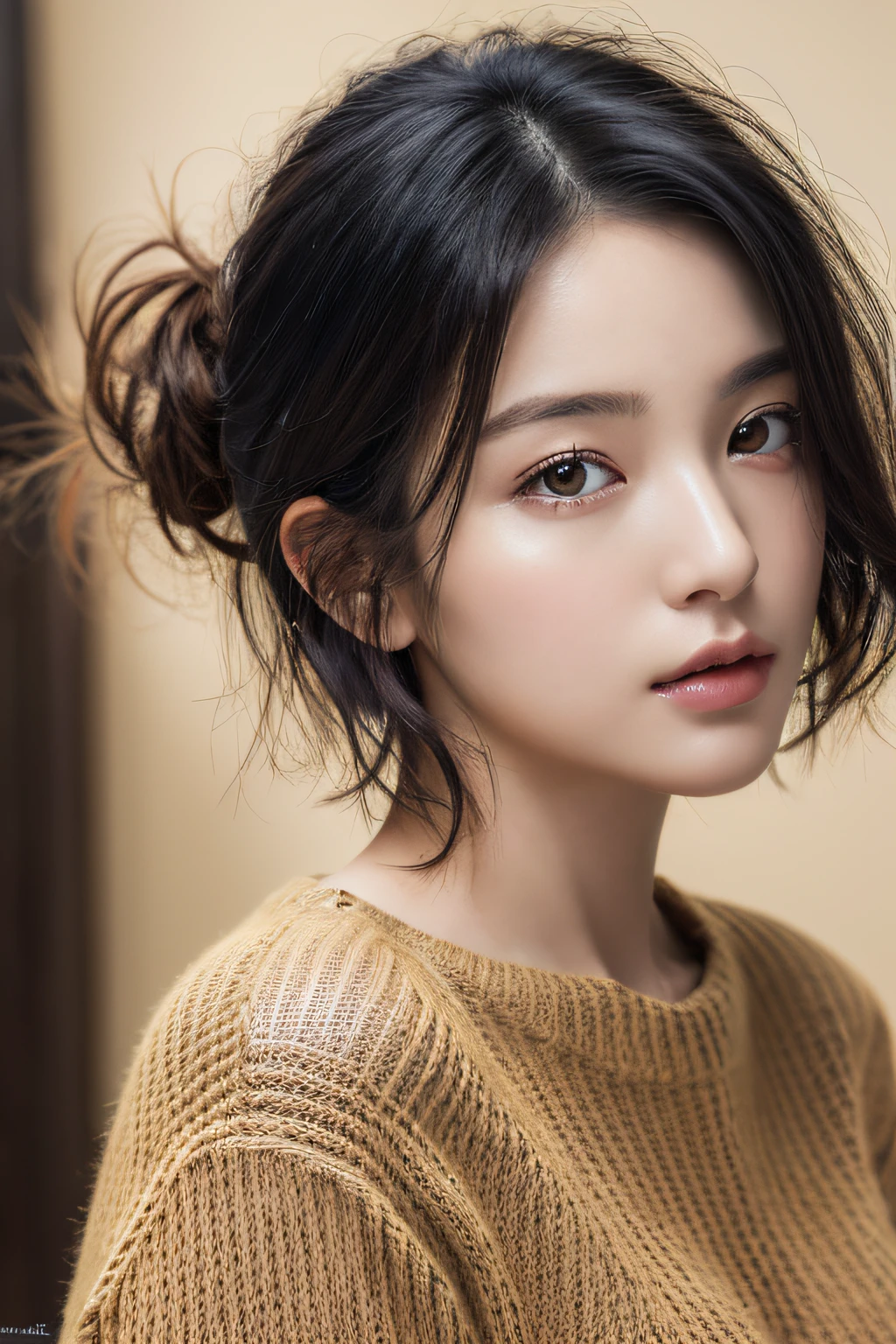 (masterpiece:1.3), (8k, photorealistic, RAW photo, best quality: 1.4), (1girl), beautiful face, (realistic face), (black hair, short hair:1.3), beautiful hairstyle, realistic eyes, beautiful detailed eyes, (realistic skin), beautiful skin, (sweater), absurdres, attractive, ultra high res, ultra realistic, highly detailed, golden ratio