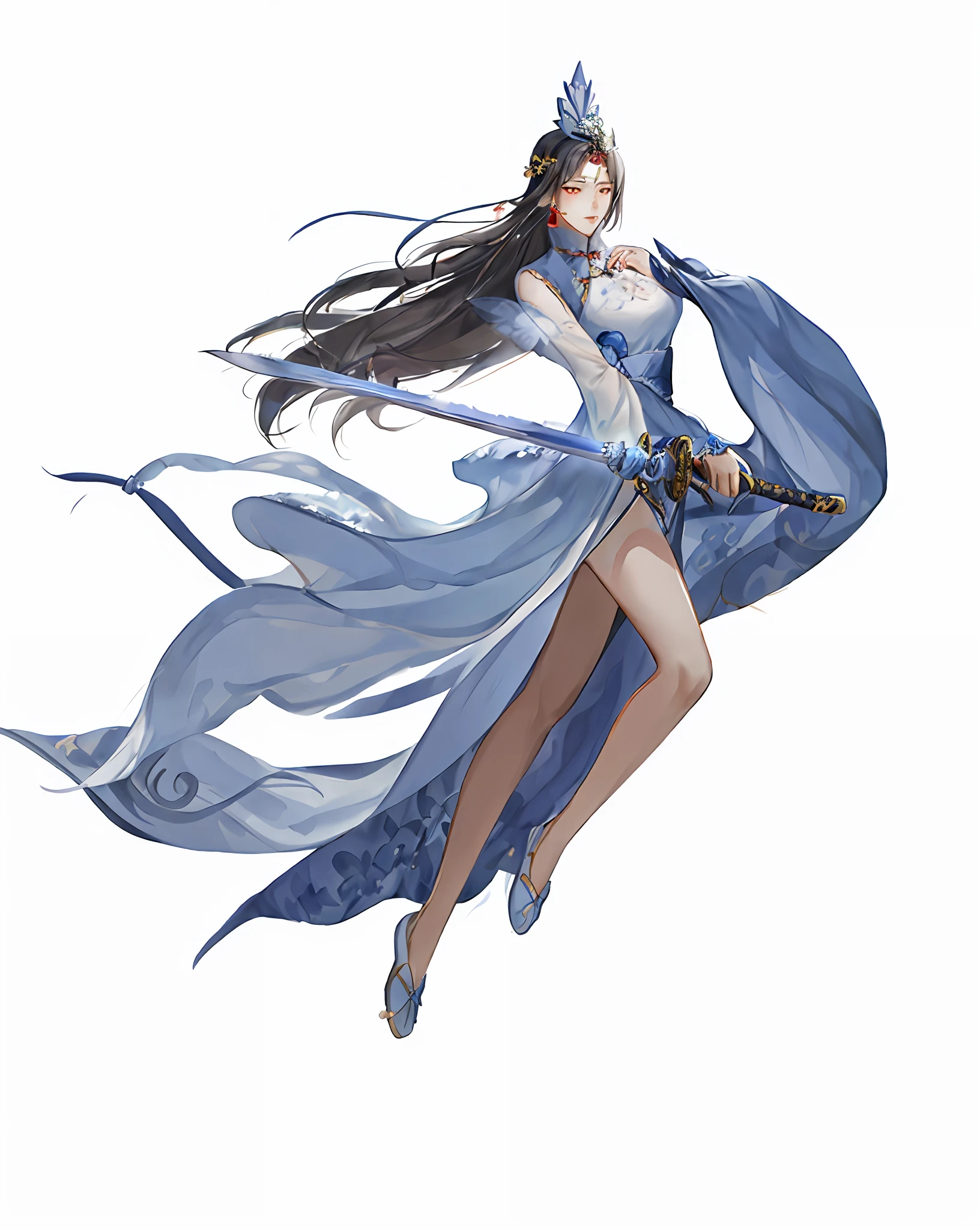 A woman in a blue dress holding a sword and a sword, full body fairy, G Liulian art style, Yunling, inspired by Li Meishu, Kurase Jinyao, inspired by Li Tang, fairy hero, inspired by Julian, fairy fantasy, Kurose lotus Yanfang, fairy tale, by Yang J, Chinese style, game standing painting, game character, eyes looking at the camera, (antique style headdress: 1.4), blue dress woman holding a sword, full body fairy xia, detailed facial features, exquisite facial features