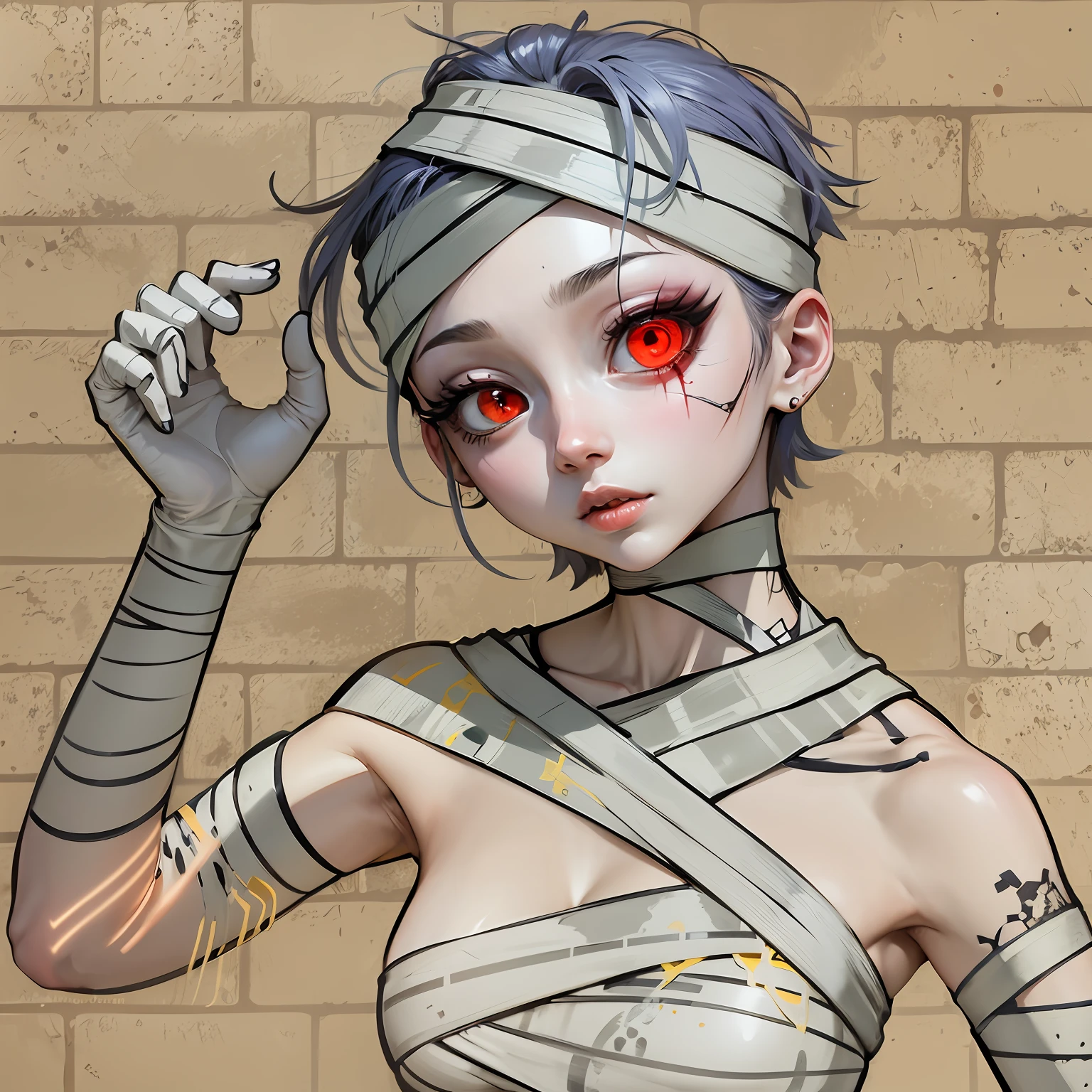there is a drawing of a woman with red eyes and bandages, with red glowing eyes, with glowing red eyes, with red eyes, ((red)) baggy eyes, covered in bandages, with red eyes, gapmoe yandere, style of junji ito, shiro from deadman wonderland, holy cyborg necromancer girl