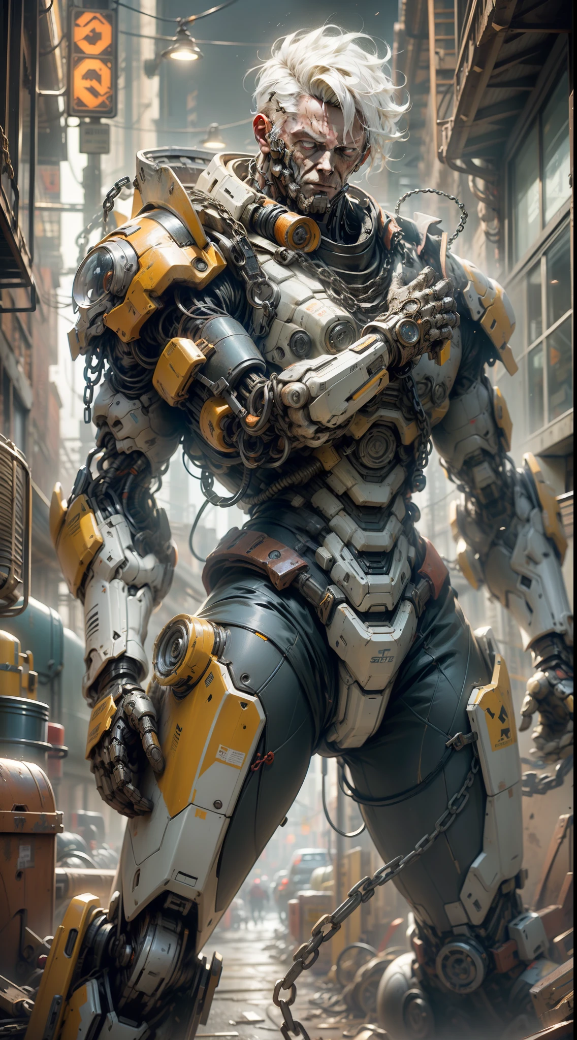 Dark_Fantasy,Cyberpunk,(chain saw,chain saw man,Red:1.1),1man,Mechanical marvel,Robotic presence,Cybernetic guardian, wearing a worn-out mech suit, intricate, (steel metal [rusty]), elegant, clear focus, shot by greg rutkowski, soft lighting, vibrant colors, masterpiece, ((street)), cowboy shot, dynamic pose,