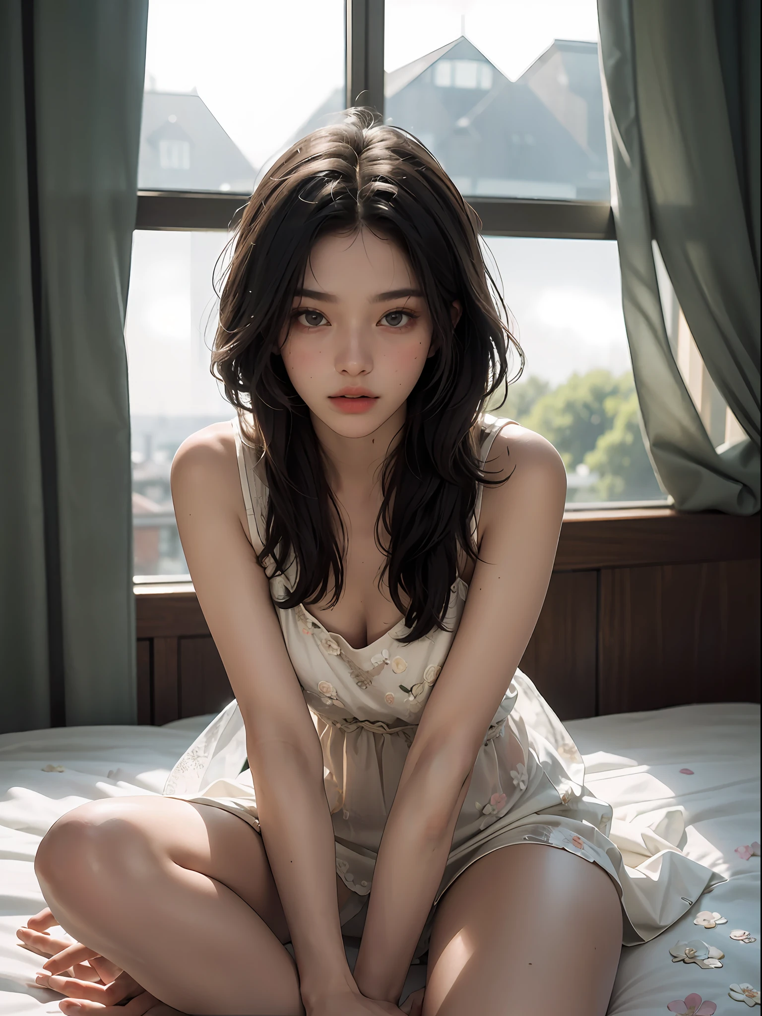 Best quality, masterpiece, super high resolution, (fidelity: 1.4), original photo, 24-year-old sexy model, messy long hair, delicate face, feminine eyes, half-exposed, white transparent floral dress, sitting on the bed with hands between your legs, shown in a positive perspective, surprising detail, very detailed