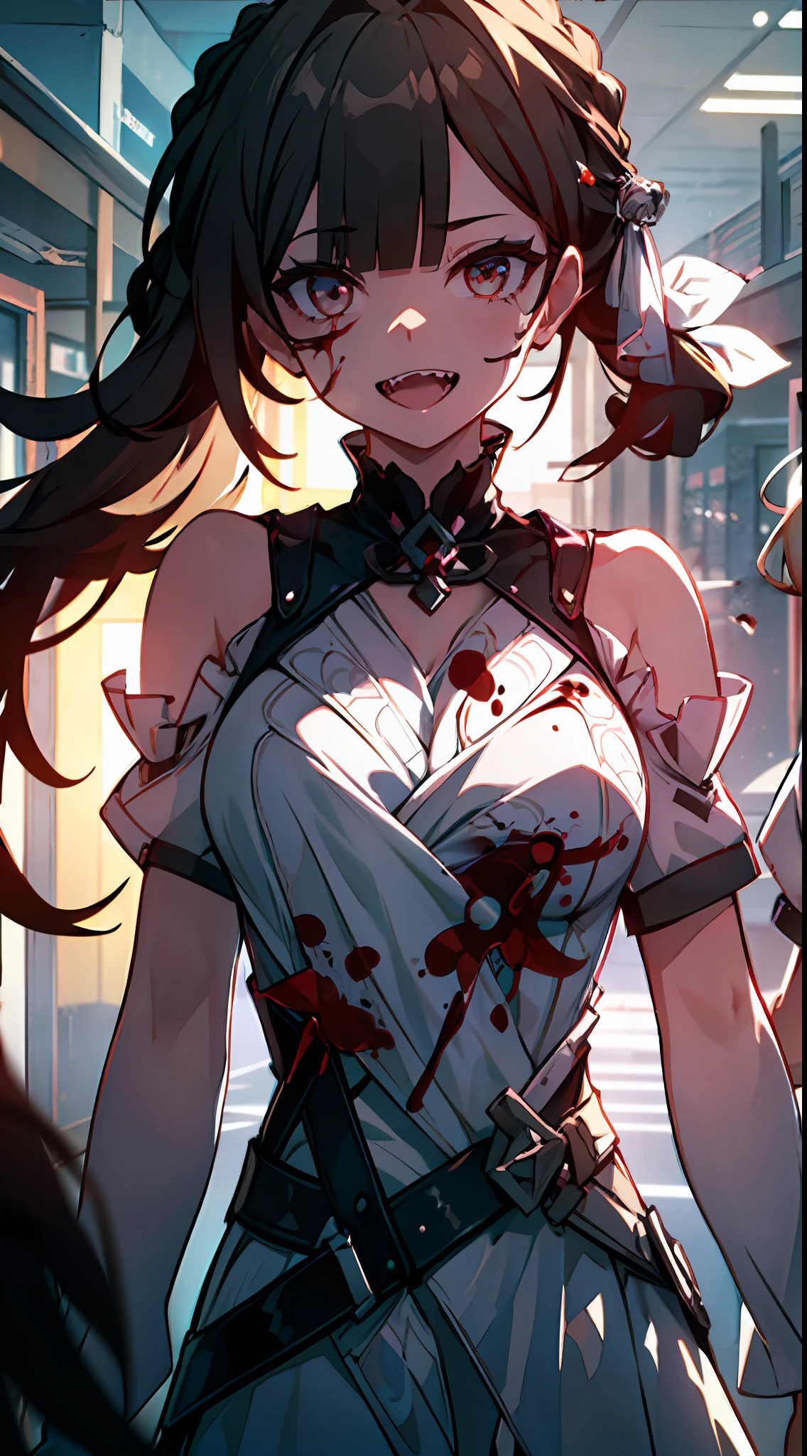 (Masterpiece: 1.2), Best Quality, (Illustration: 1.2), Eye Focus, (Ultra Detailed), Ultra Detail, (Fine Detail), (Intricate Detail), (Cinematic Light, Best Quality Backlight), Clear Lines, Solo Female, Solo Female, Perfect Figure, (1 Girl), High Contrast, (Best Lighting, Extremely Delicate and Beautiful), ((Cinematic Light)), Ferocious, Powerful, Blood Splattered, Absolutely Striking, Dynamic Angle, Gorgeous Background, Blood Splatter, Sharp Teeth, Open Mouth, mischievous smile, scary, close-up, black light swirling around the character, depth of field, close-up of a long-haired character. A sticky tongue sticks out of the mouth. The overall image has a jagged edge effect, adding a special visual effect. Girl, a 1 girl, alone, long hair, big breasts, short sleeves, dress, bare shoulders, braids, porcelain clothes