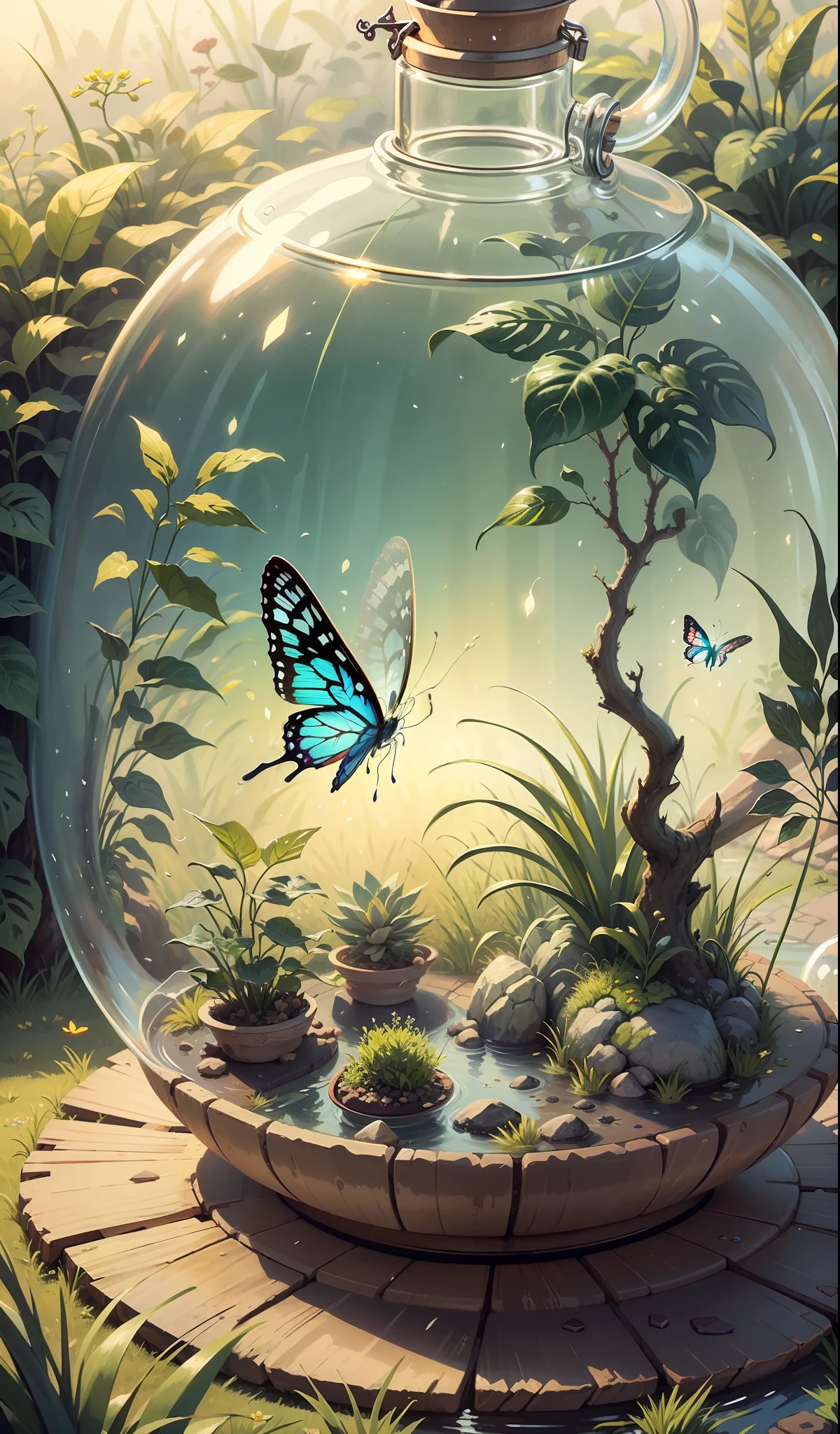 (Masterpiece, Best Quality: 1.2), (Super Detail), (Illustration), Wallpaper, Original, A Large Round Bottom flask, grass, vine, water, butterfly, nature, shiny, surrounded by light, terrarium , RPG style, cartoon, fantasy, mobile game, (The Shining)