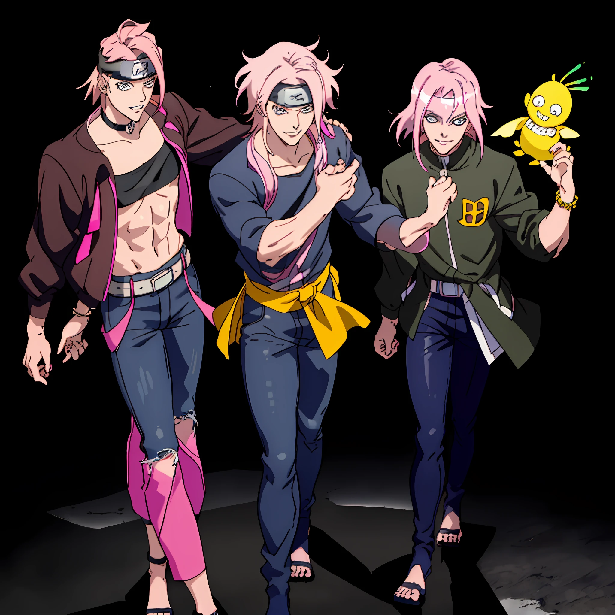 (masterpiece) (8k) (best quality) spikey pink hair, pink hair, sharp white-out eyes, white sharp eyes, sharp features, 1boy, hidden stone village headband, Naruto stone village headband, Masashi Kishimoto style, low exposure, glowing pink hair, black background, dark pink highlights, neon highlights, tall lean muscular male, fishnet top, leather jacket, belt, black jeans, black boots, evil grin, Jojo bizarre adventure pose, exaggerated tugging on belt pose, jewelry