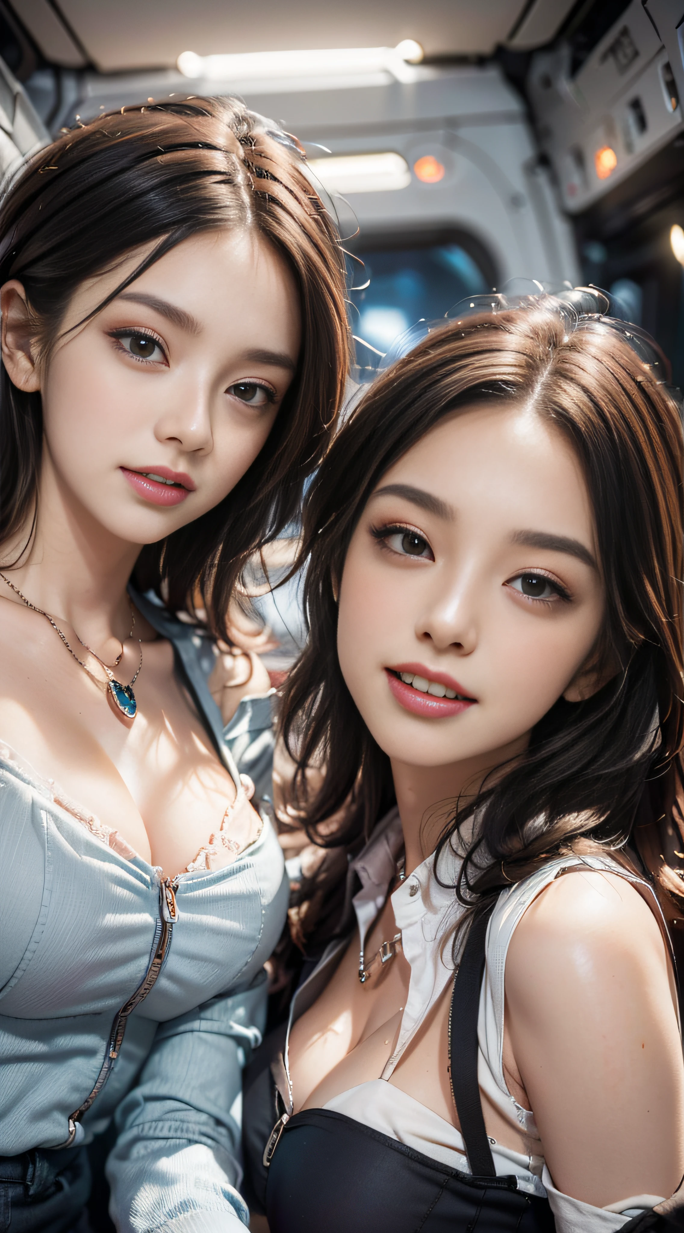 ((Top Quality, 8K, Masterpiece: 1.3)), (Intricate Detail), Perfect Detail Face, Detailed Eyes, Very Detailed, Blush, Hair Ornament, Lipstick, (Layered_necklaces:1.2), Detailed Background, Realistic Photo, Sharp Focus: 1.2, Perfect + Slender Style, ((Looking at the camera))), ((Cute smile with white teeth visible with mouth open) ), beautiful, beautiful, beautiful two sisters, famous in the world for sweating profusely, waist constriction, beautiful legs, taut skin, very detailed face and skin texture, detailed eyes, double eyelids, pale cheeks, healthy skin, (layered hairstyle, dark brown hair), ((Stewardess uniform: 1.52)))), (exposed chest), ((off-shoulder: 1.2)), (disheveled clothes and hair: 1.3)), ( Big: 1.8), (Natural breasts, Natural cleavage), (In an incredibly crowded plane)), from below, (Terribly happy look)), (Seductive appearance: 1.5)
