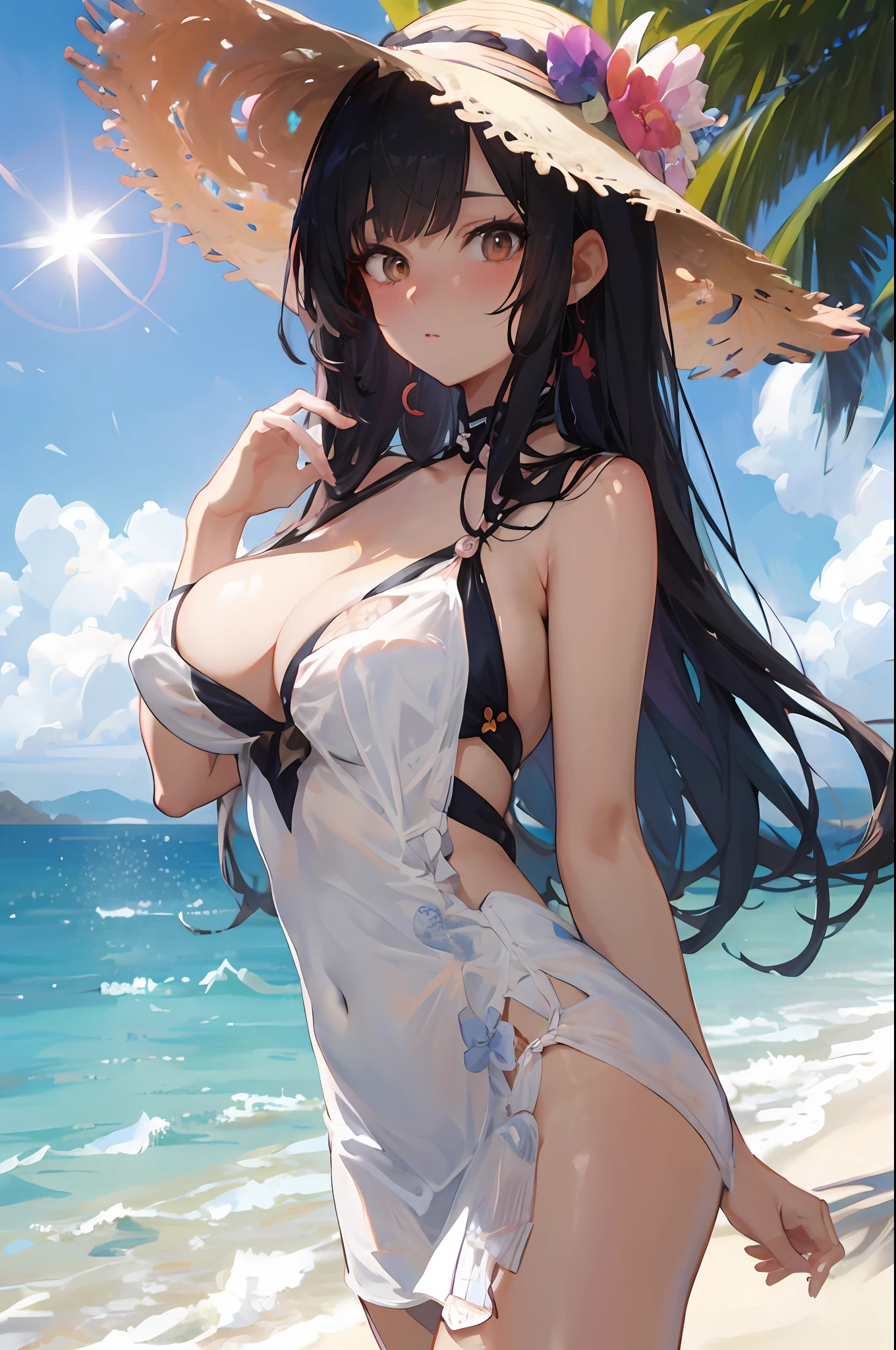 anime girl in a bikini and straw hat on the beach, at a beach, at a beach, guweiz, at a beach, on a sunny beach, at a tropical beach, Seductive anime girl, at a beach, swimsuit, artwork in the style of guweiz, guweiz on pixiv artstation, anime moe artstyle