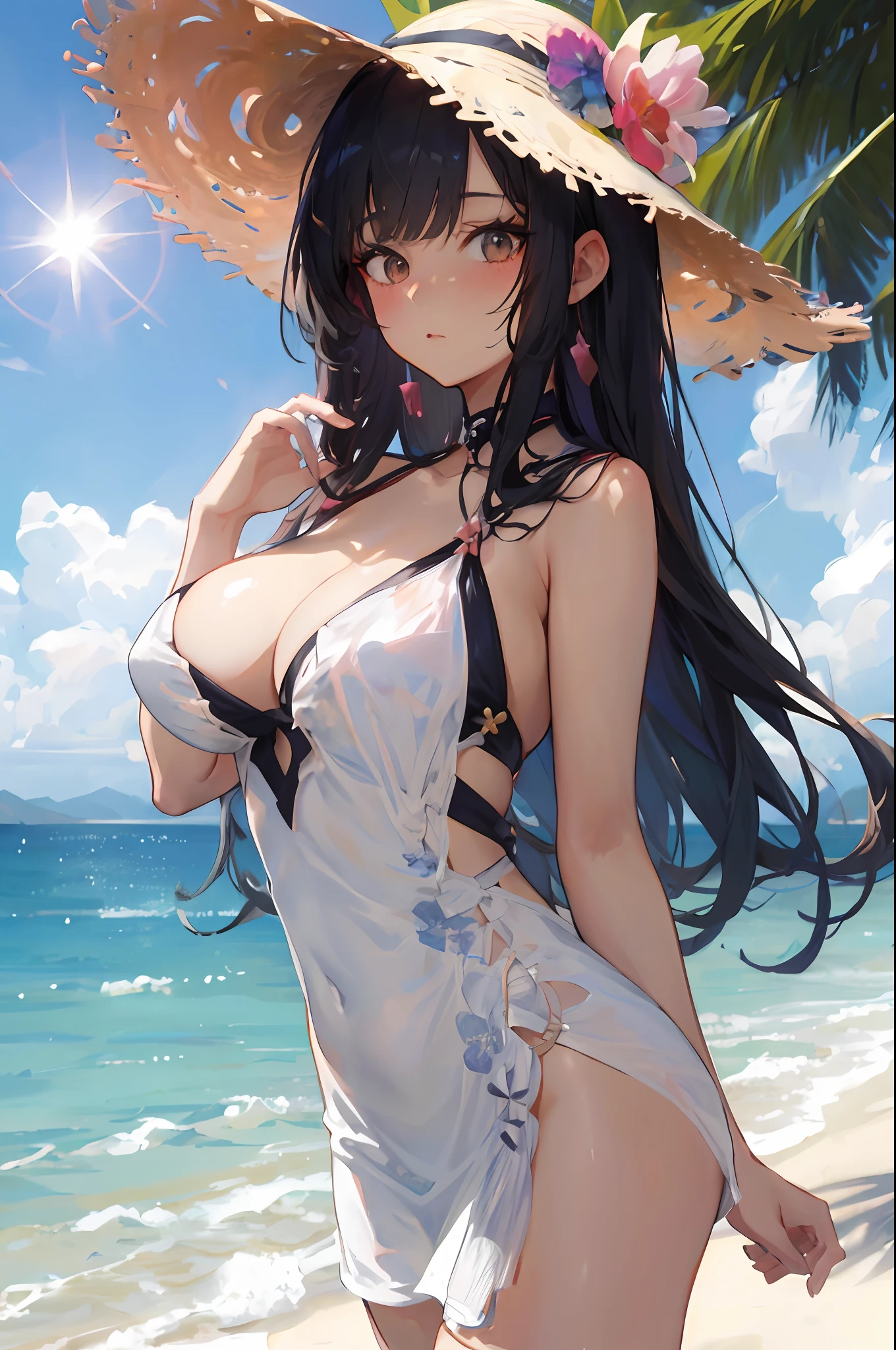 anime girl in a bikini and straw hat on the beach, at a beach, at a beach, guweiz, at a beach, on a sunny beach, at a tropical beach, Seductive anime girl, at a beach, swimsuit, artwork in the style of guweiz, guweiz on pixiv artstation, anime moe artstyle